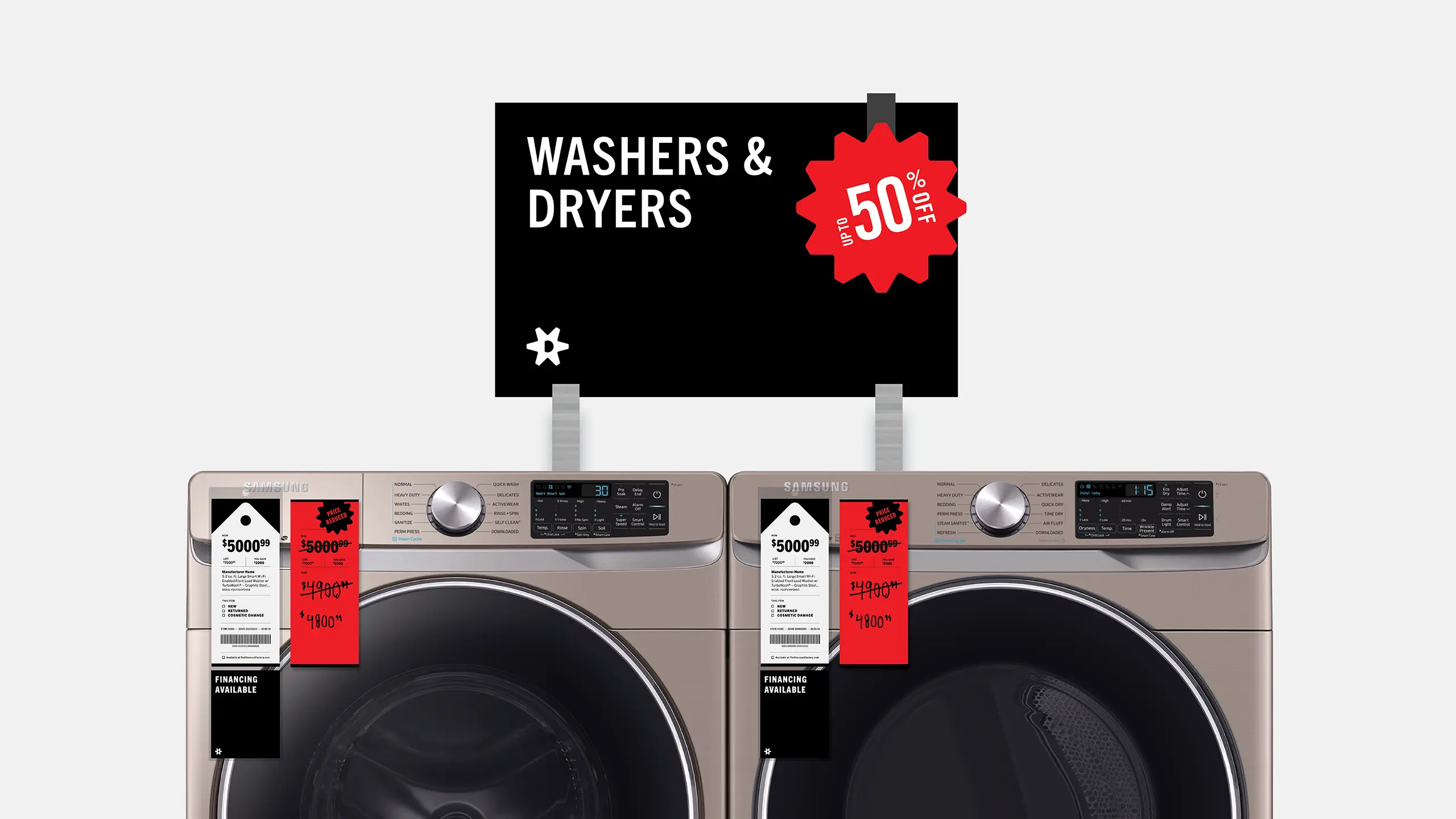 Two stainless steel washing machines with a sign above them reading 'WASHERS & DRYERS' and a red badge showing 'up to 50% off.' Tags on the machines show price reductions, conveying a sense of a sales promotion.