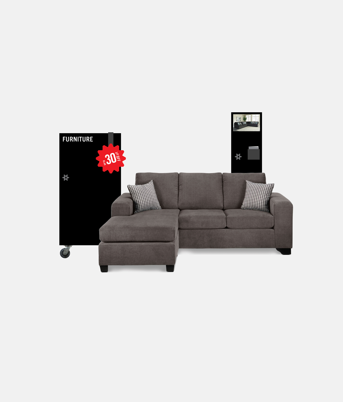 Gray sectional sofa with two patterned cushions, flanked by a sale sign indicating 30% off on the left for The Discount Factory Home & Applicance Outlet