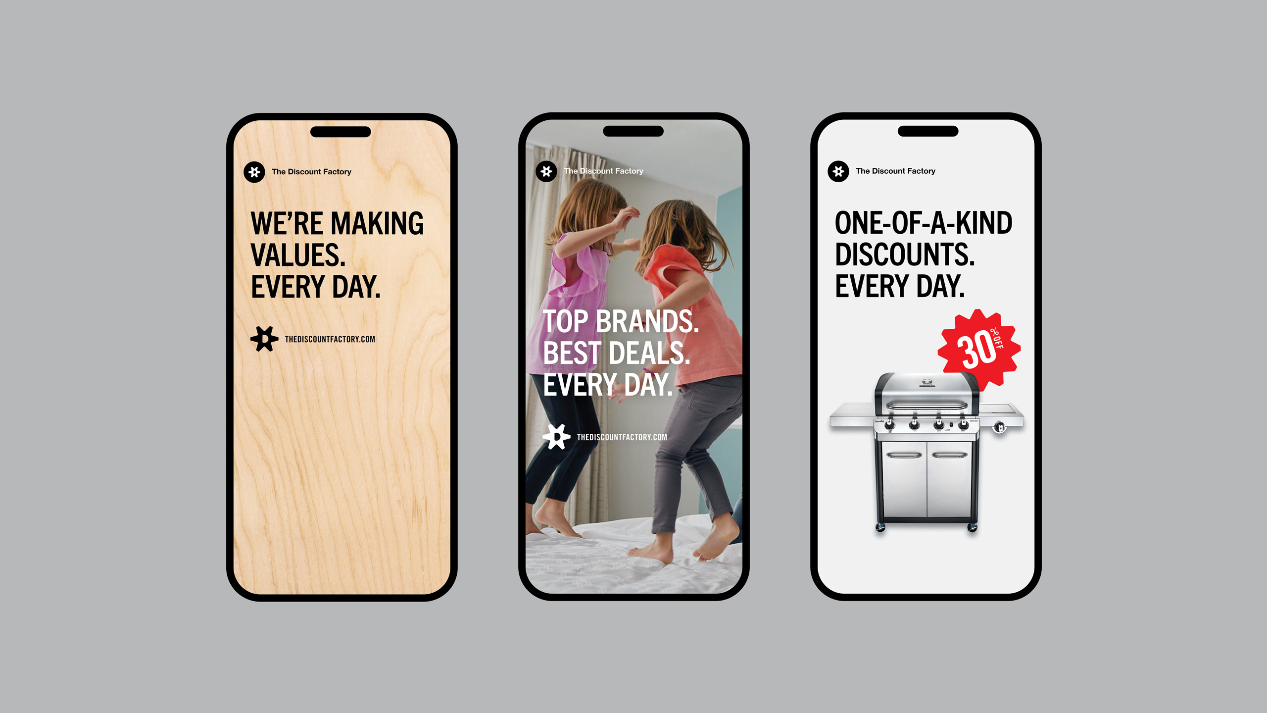 Three smartphone screens show a wooden background with text, kids jumping on a bed, and a barbecue with a discount sign for The Discount Factory.