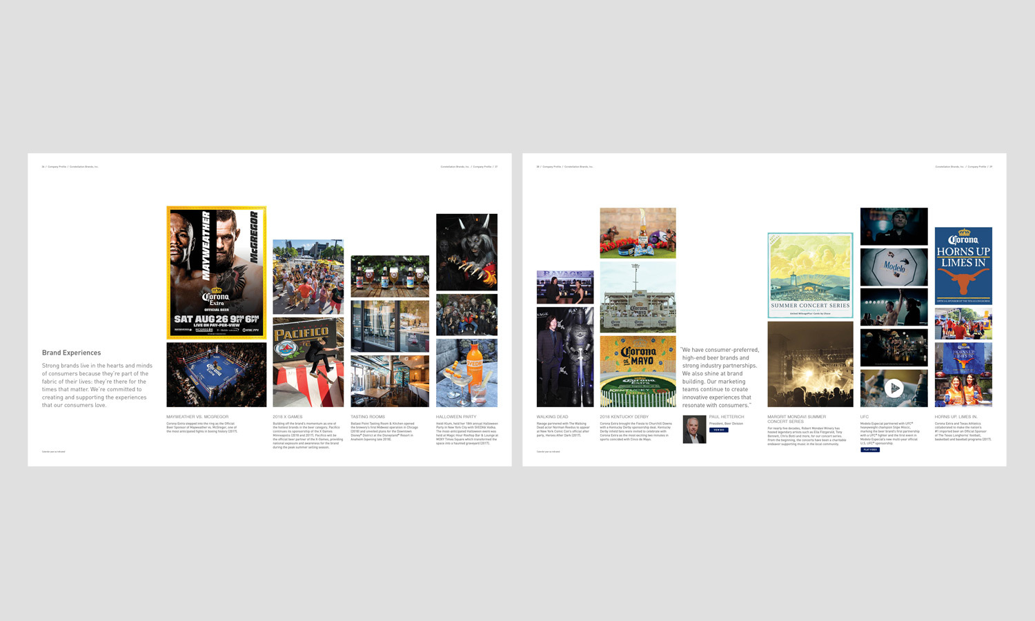 The image shows two spreads featuring various event posters and images. The left page displays a boxing match poster and colorful crowd scenes. The right page includes concert events, an empty stadium, and a movie-themed illustration and the text overlays describe the events.