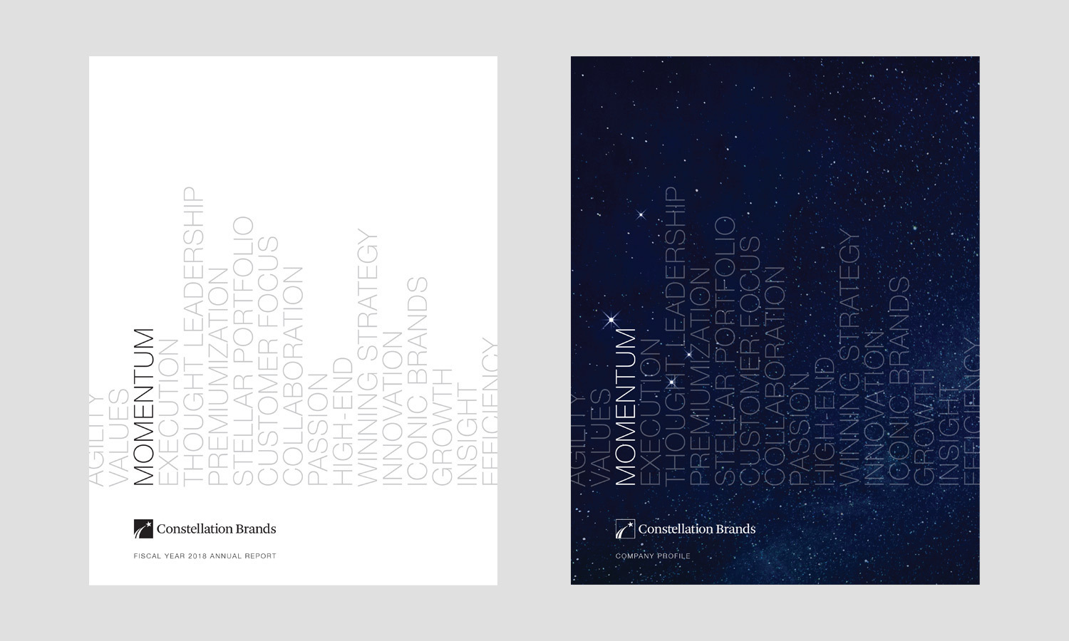 Two covers for Constellation Brands are shown. The left is white with gray vertical text reading "MOMENTUM" and business-related terms. The right has a starry night background with similar text.