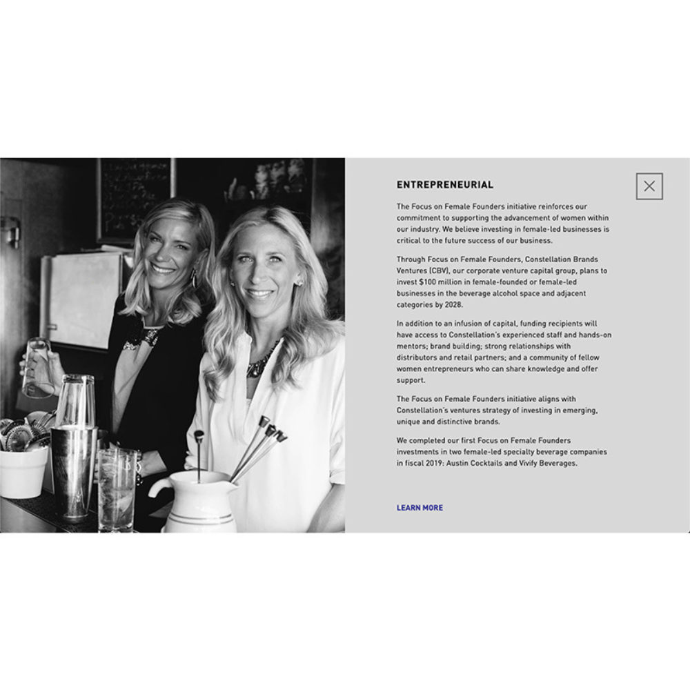 Black-and-white image of two smiling women standing at a bar with cocktail-making equipment. Text highlights an initiative supporting female entrepreneurs.