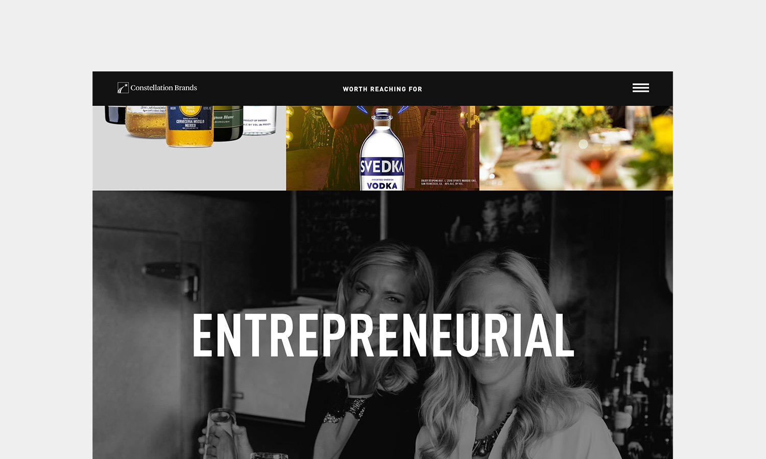 Two smiling women with drinks at a bar, overlaid with the word "ENTREPRENEURIAL." The top features products from Constellation Brands.