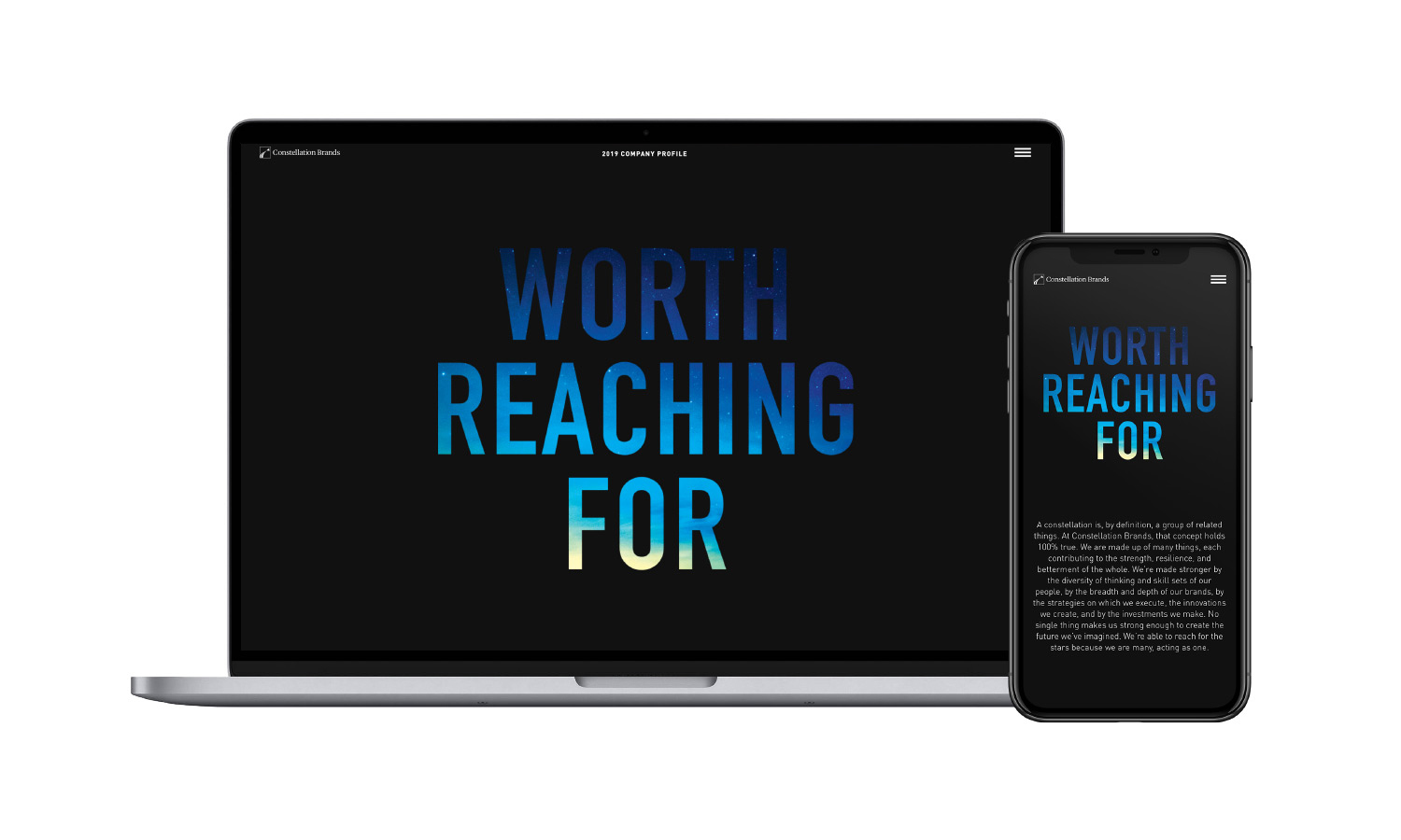 Laptop and smartphone displaying a dark screen with the text "WORTH REACHING FOR" in bold, gradient blue letters of the night sky.