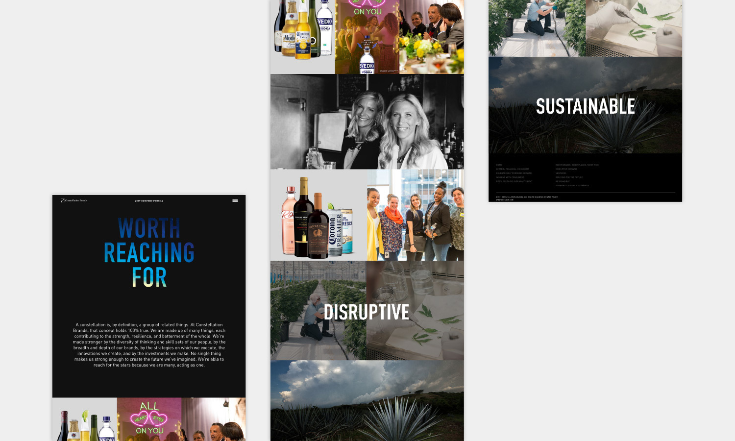 Collage with various images of people, beverages, and agave plants. Words like "WORTH REACHING FOR," "DISRUPTIVE," and "SUSTAINABLE" are featured prominently.