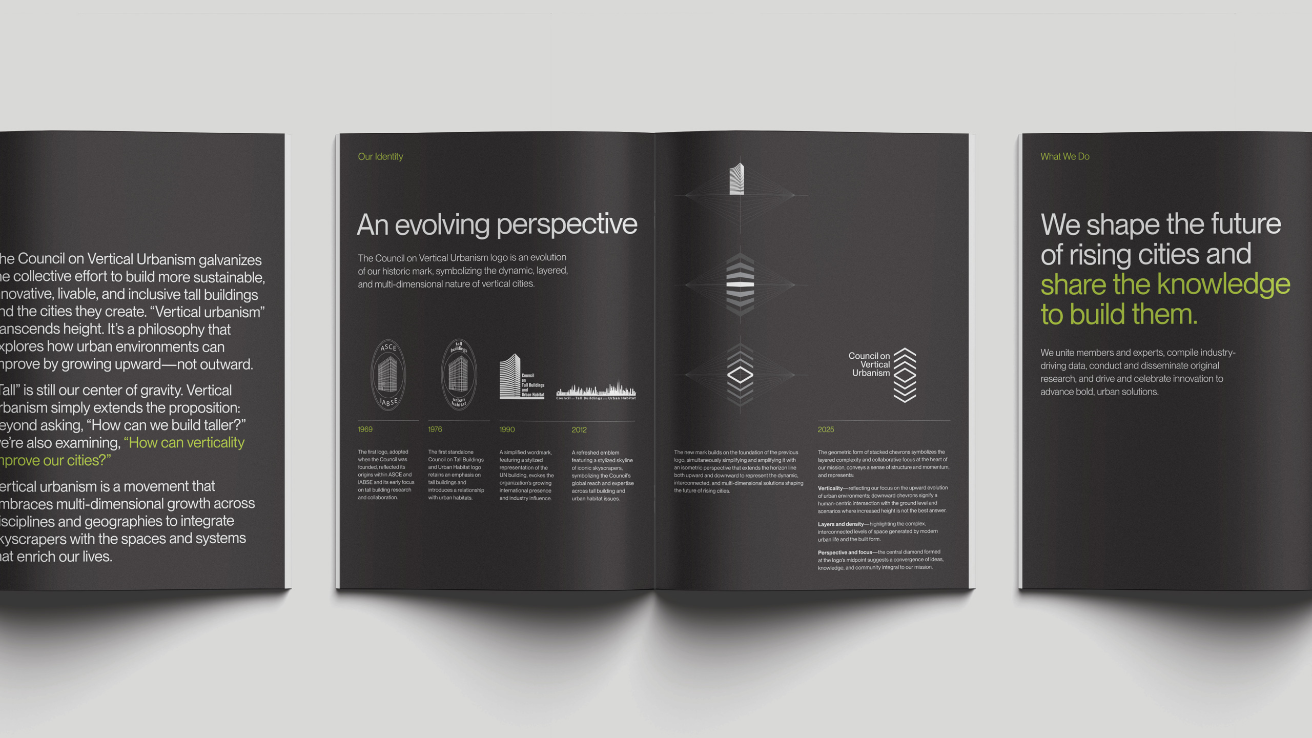 Spreads from a Council on Vertical Urbanism brochure with a modern, dark theme. The left page discusses vertical urbanism, the center focuses on an evolving perspective with a timeline, and the right emphasizes shaping cities' futures. White and green text highlight key concepts, creating a sophisticated and innovative tone.