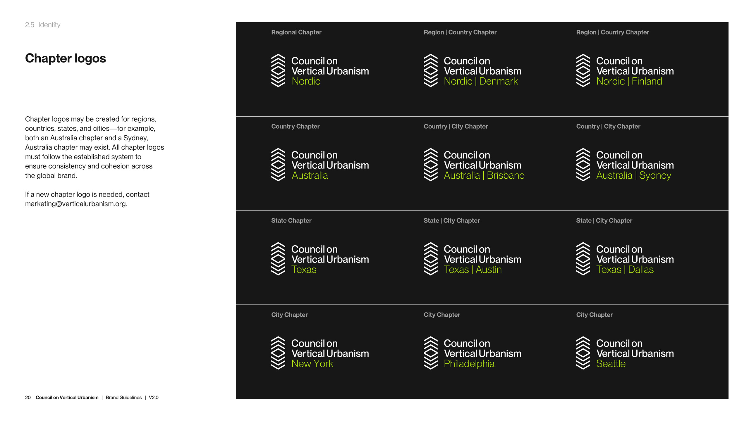 Grid displaying 12 variations of 'Council on Vertical Urbanism' logos for different regions. Each logo includes location names like 'Nordic,' 'Australia,' and 'New York' in white and green text on a black background.