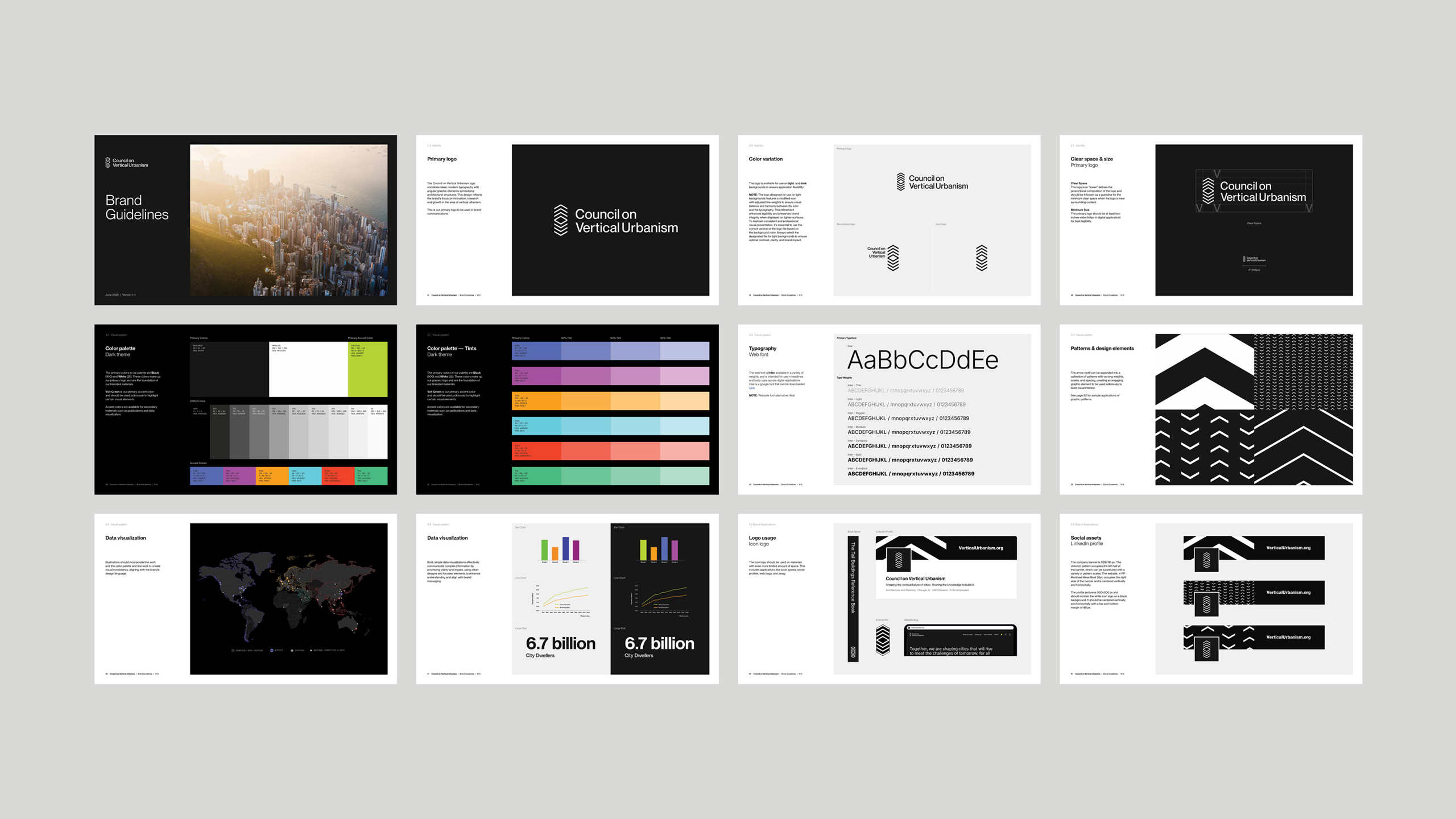 Twelve pages from the brand guidelines slides for Council on Vertical Urbanism. Includes color palettes, typography examples, graphs, and a cityscape photo.