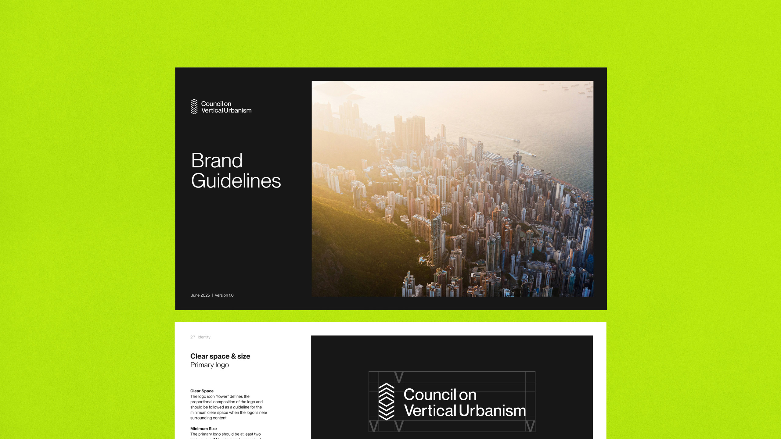 Brand guidelines cover for the Council on Vertical Urbanism. Features a cityscape of densely packed skyscrapers at sunset, set against a vibrant green background.