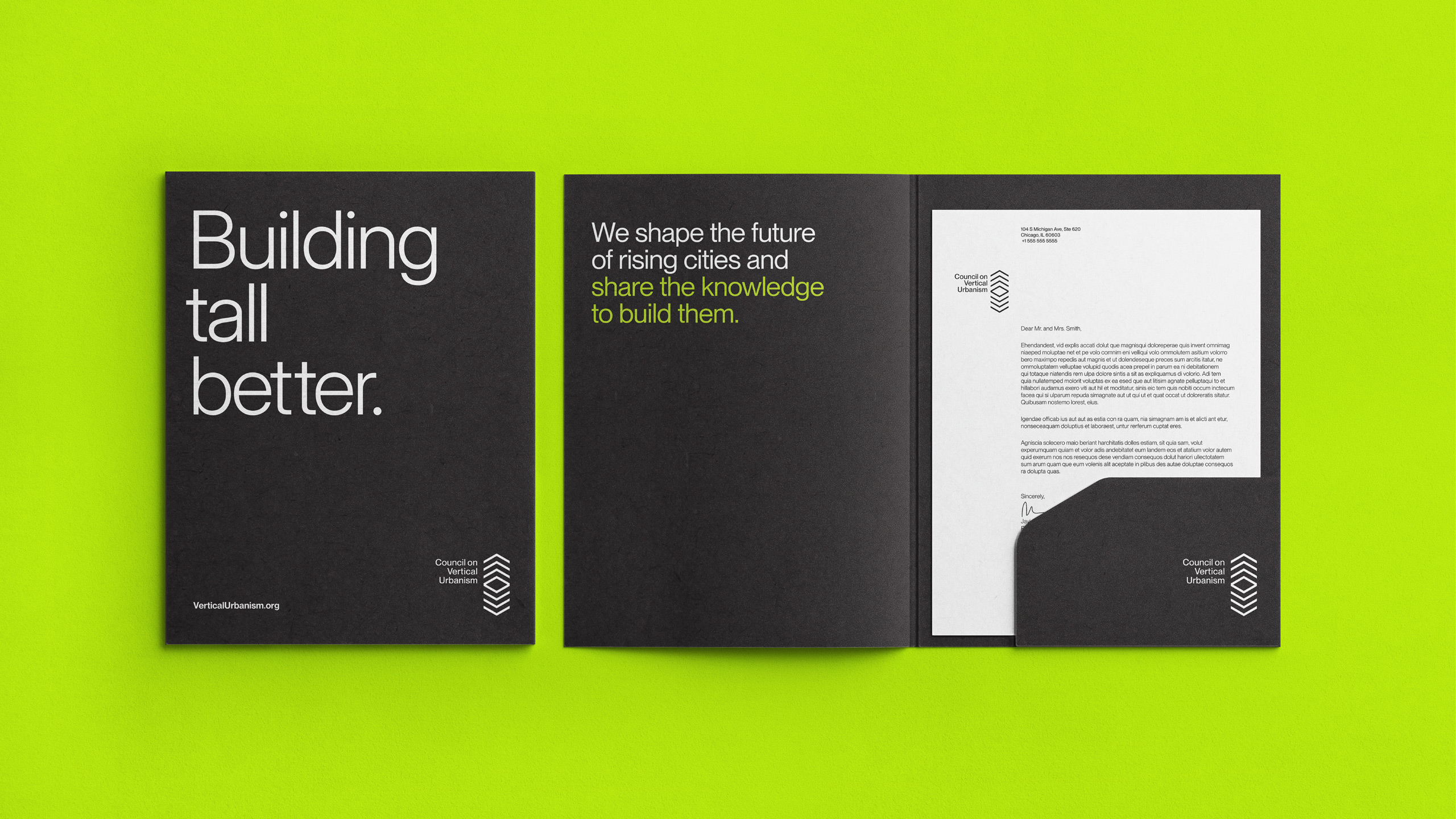 A sleek black folder on a bright green background with white text reading "Building tall better." Inside, another message promotes urban innovation.