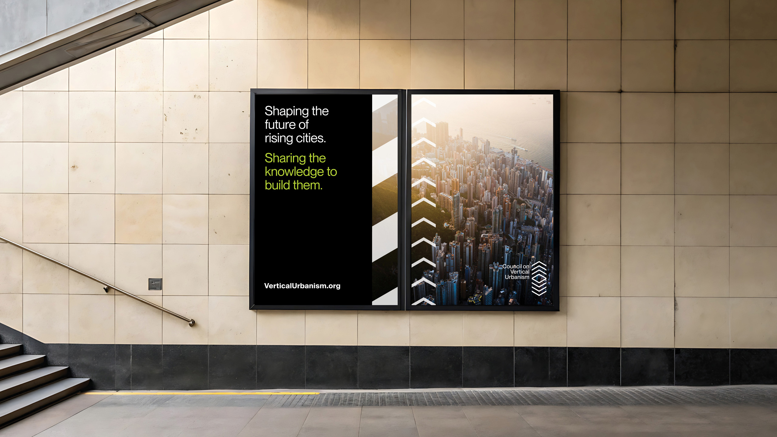 Billboard in subway features two panels; left shows text "Shaping the future of rising cities. Sharing the knowledge to build them." Right displays aerial view of a dense cityscape.