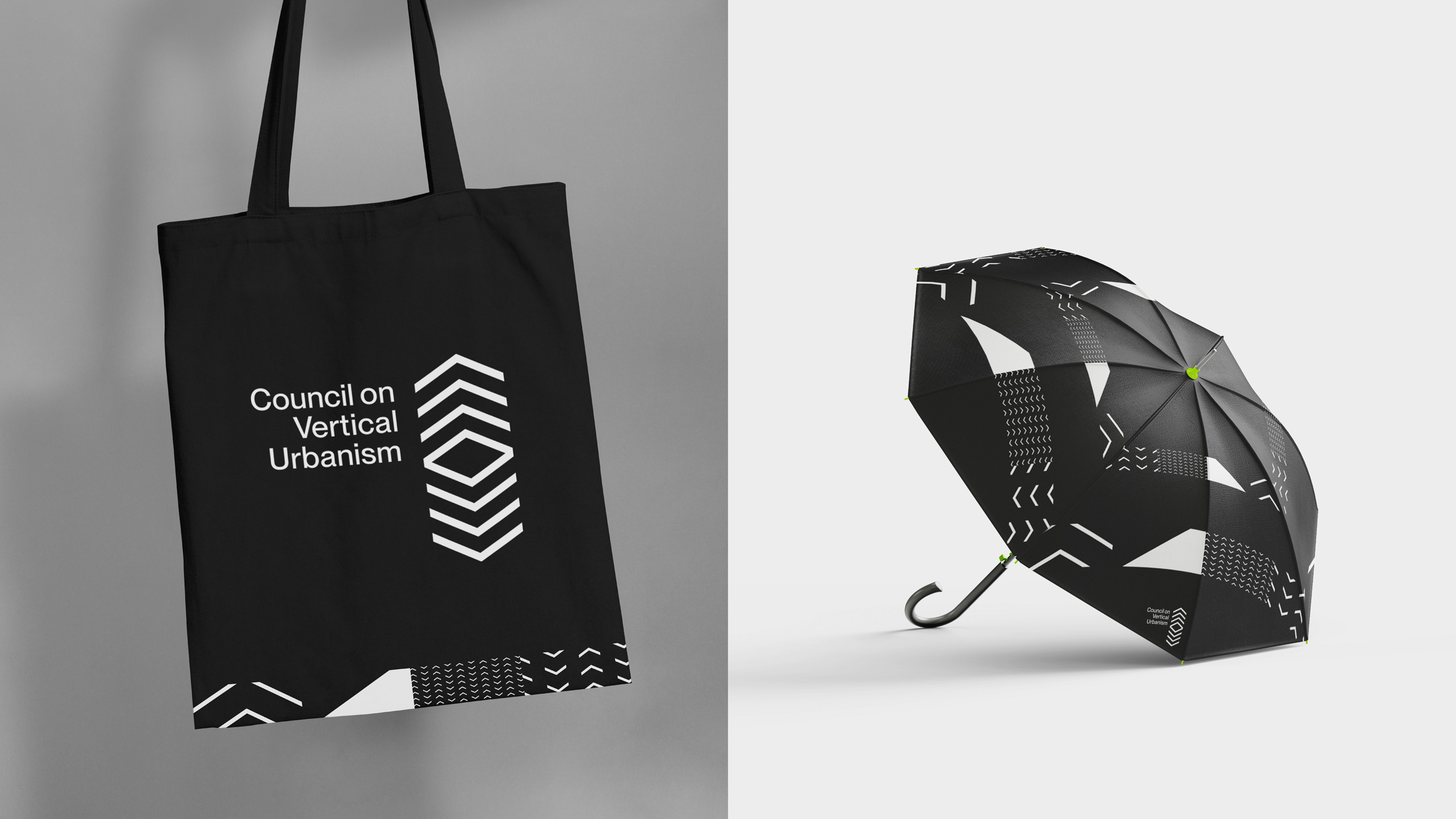 Black tote bag and umbrella with geometric white patterns and "Council on Vertical Urbanism" text