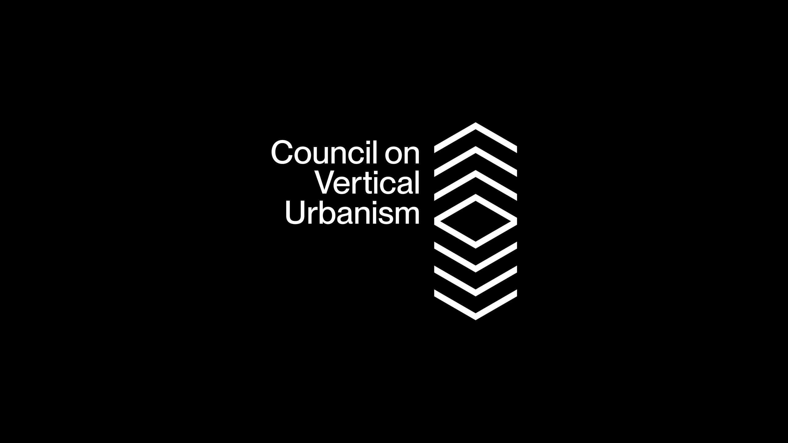 White geometric logo of the "Council on Vertical Urbanism" on a black background. Features stacked lines forming a tower-like shape, symbolizing urban development.