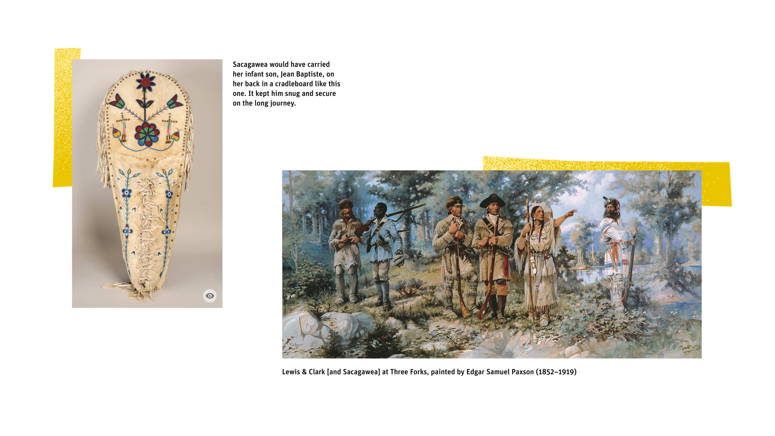 Illustration of a decorated cradleboard, used by Sacagawea for her son, alongside a painting of explorers including Sacagawea in a wooded area.