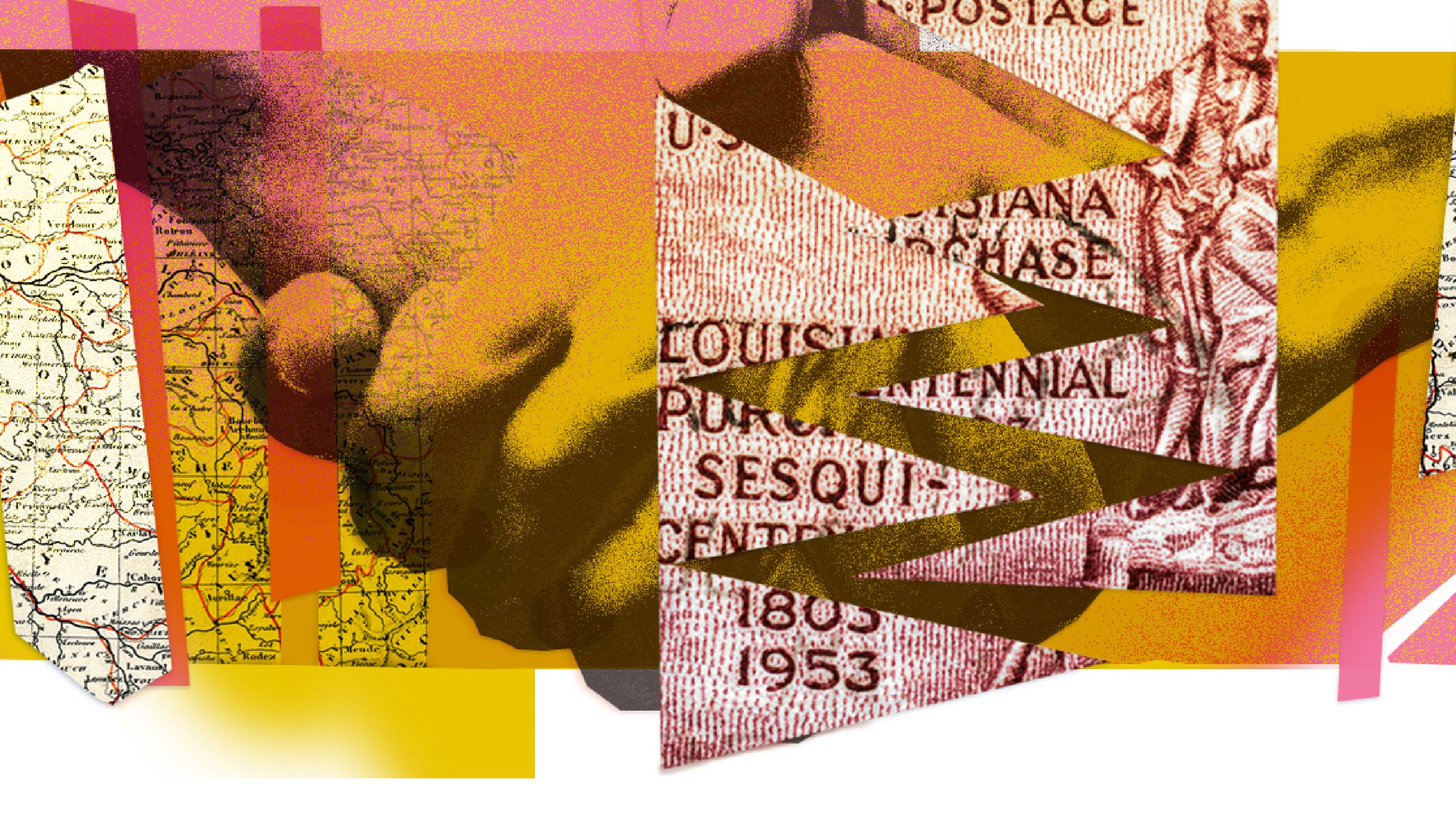 Collage with for Savvas Learning Company with overlapping elements: a handshake, vintage map segments, text about the Louisiana Purchase, and geometric shapes in warm tones, suggesting unity and history.