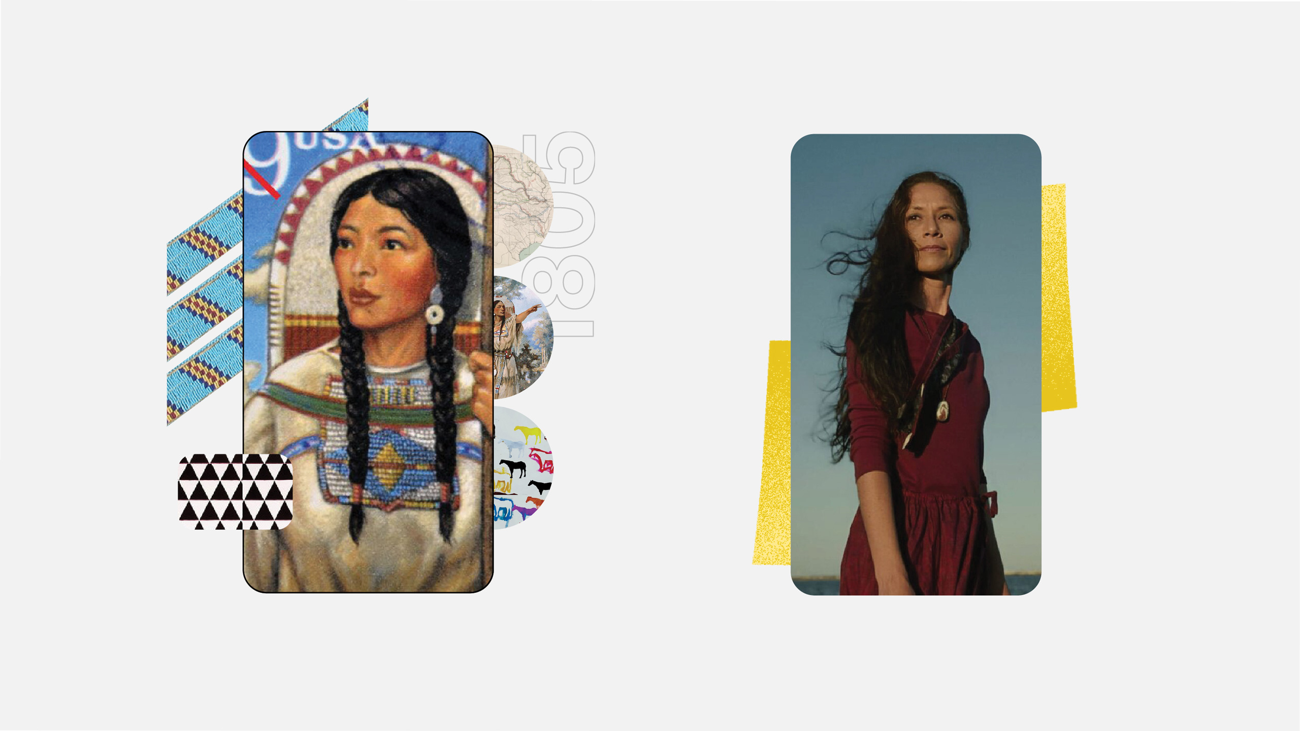 A digital collage juxtaposes a historical painting of a Native American woman with braided hair and modern attire against a contemporary portrait of a woman standing outdoors, wearing a red dress.