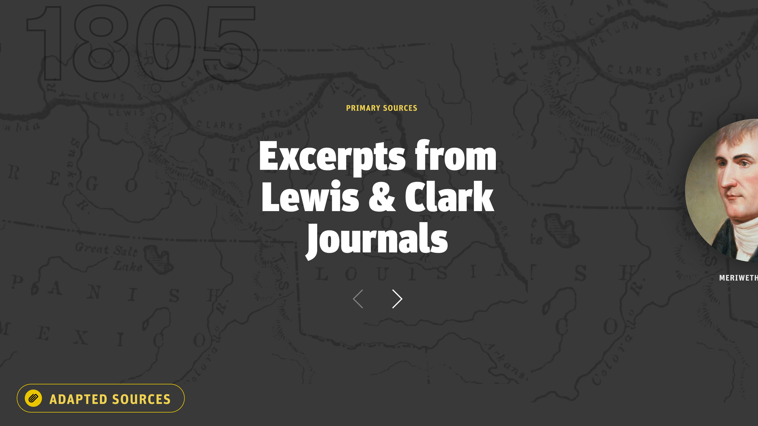 The text "Primary Sources" in yellow and "Excerpts from Lewis & Clark Journals" in white on a dark gray background