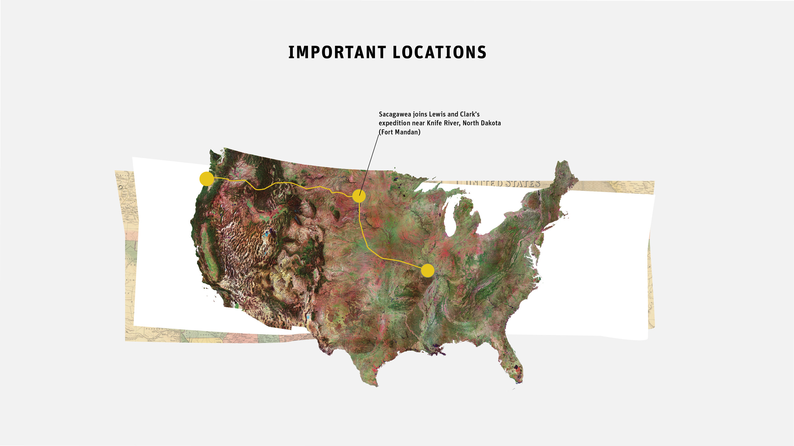 Map of the United States with three marked locations on the Lewis and Clark expedition route. Yellow dots connected by a line indaicate important sites.