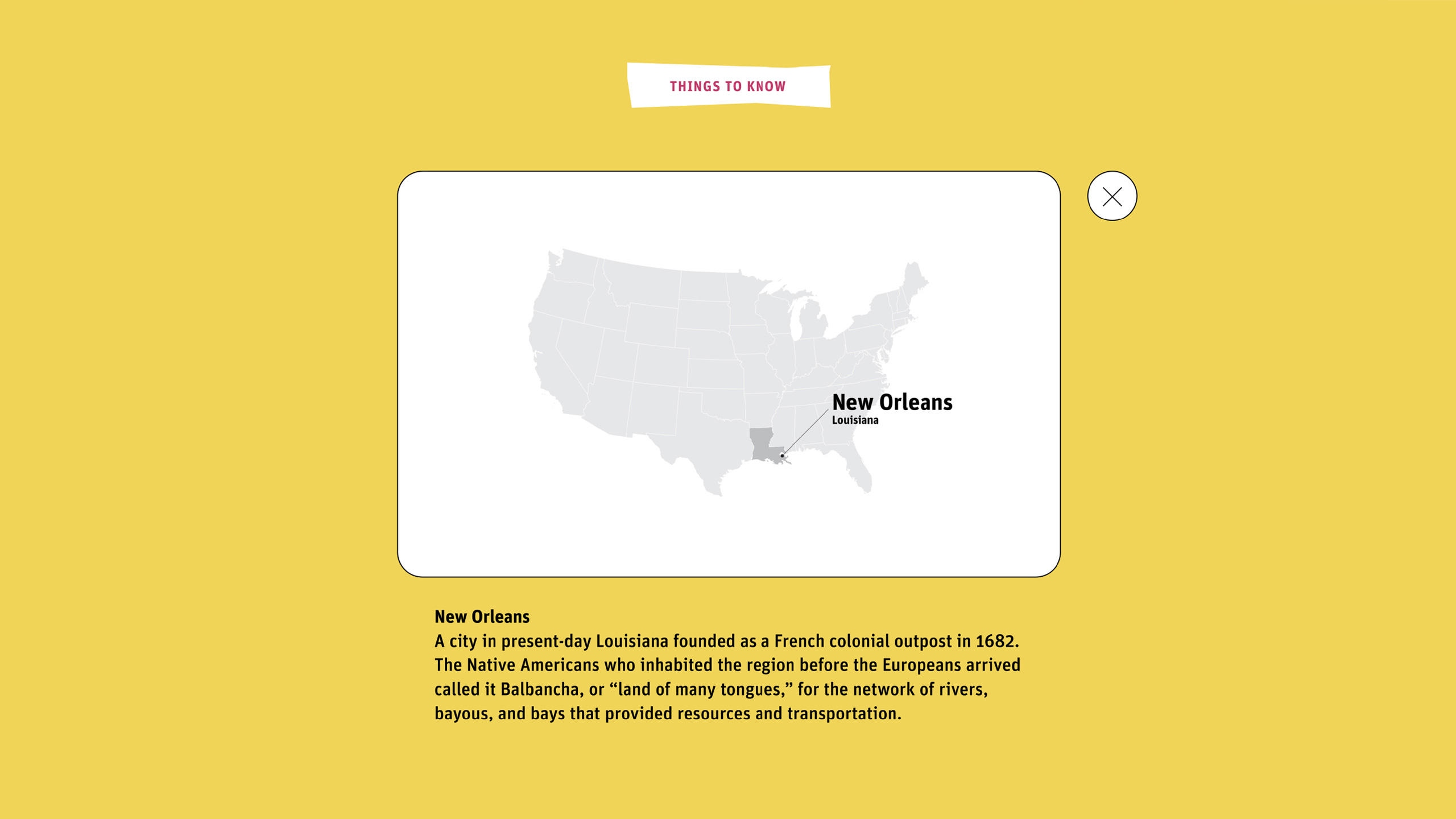 Map highlighting New Orleans, Louisiana on a gray U.S. map. Yellow background with "Things to Know" label. Text describes New Orleans' history.