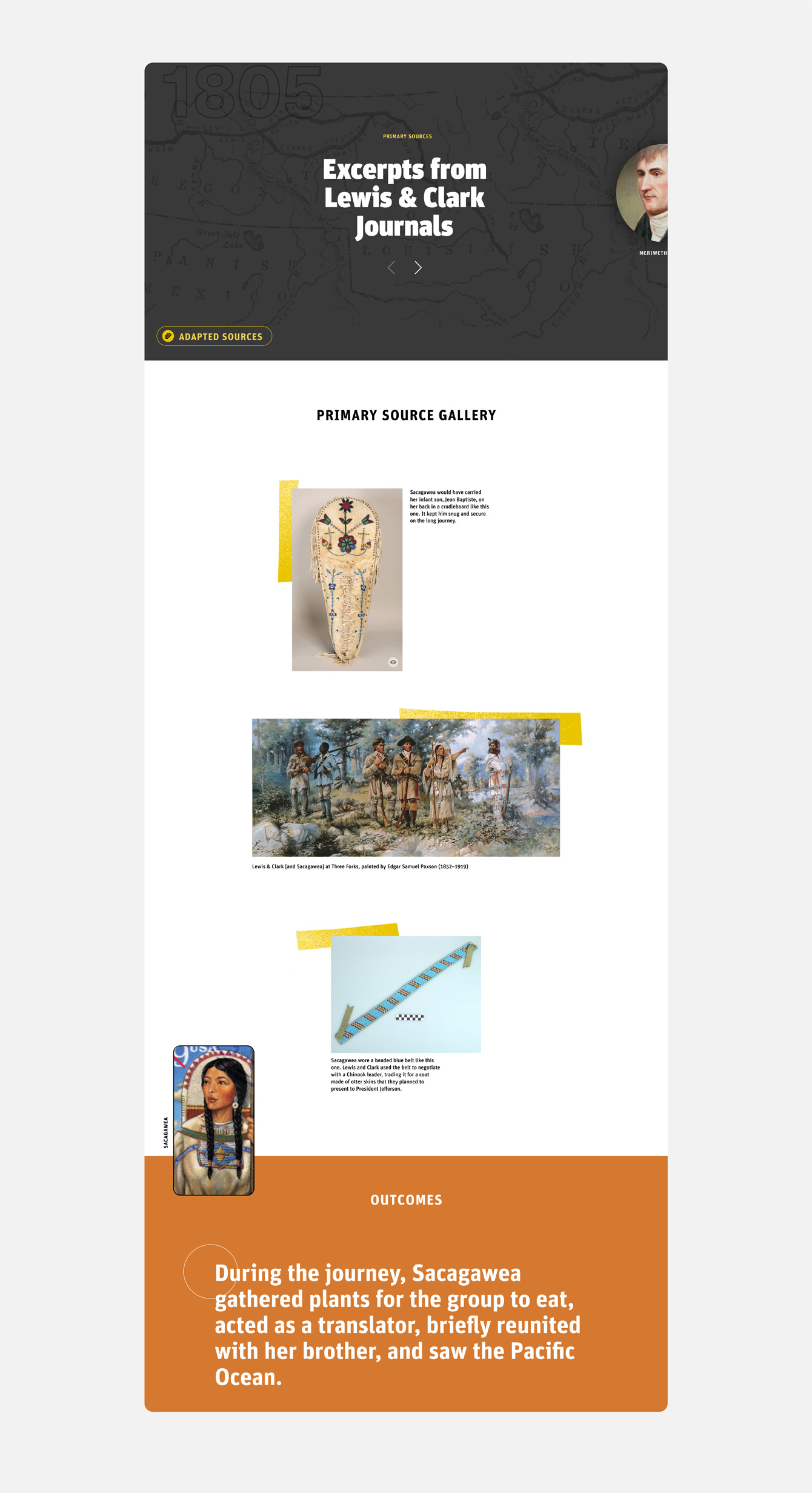 A web page titled 'Excerpts from Lewis & Clark Journals', featuring a primary source gallery with images of Native American artifacts, a painting of Sacagawea guiding explorers, and a historical quill pen.