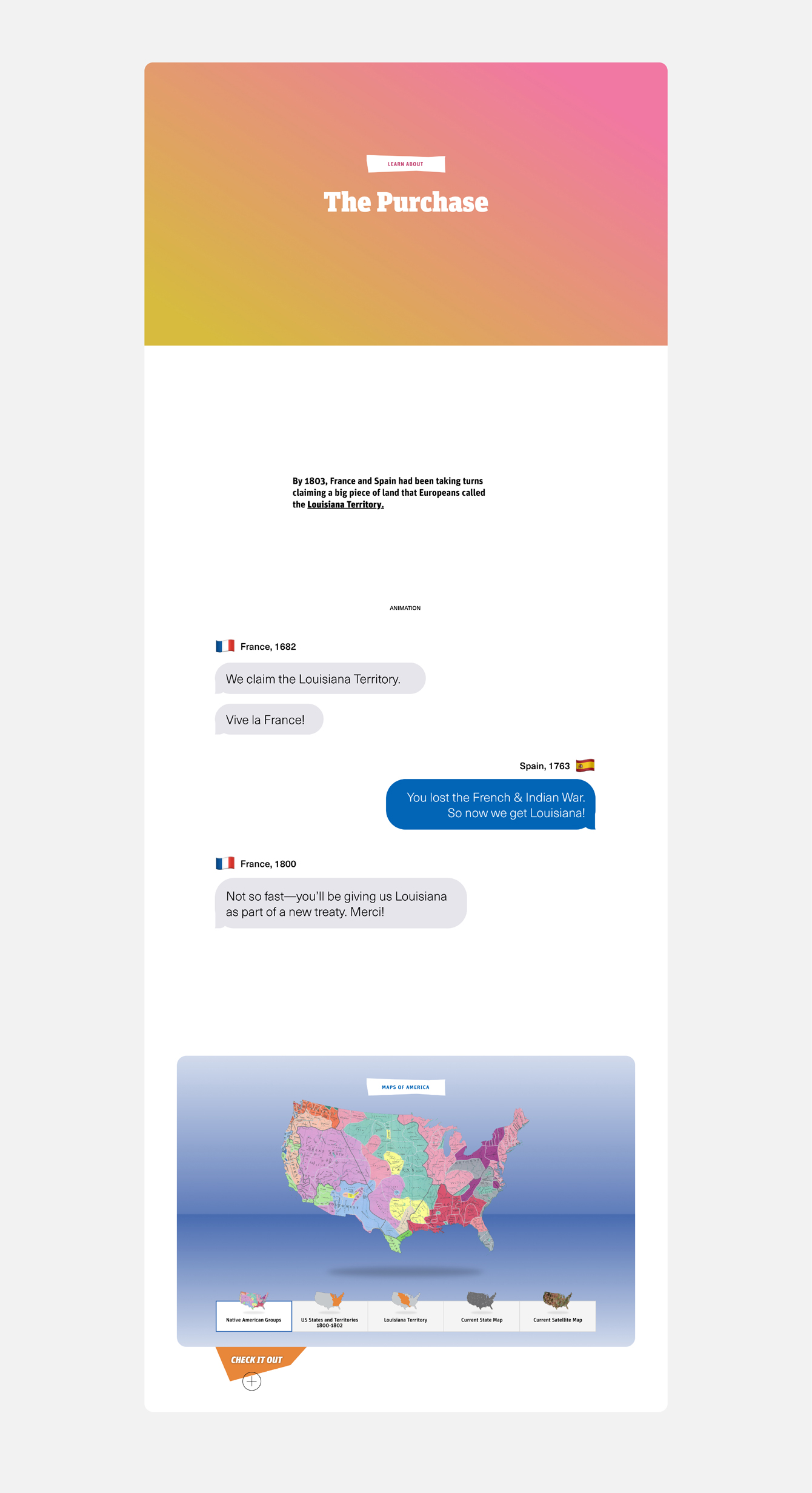 A gradient header reads 'The Purchase'. Web chat windows show dialogue bubbles depict a conversation between France (1800) claiming the Louisiana Territory and Spain (1763) about losing the French and Indian War. A map highlights the territorial changes in North America, with colorful regions and flags representing territorial claims.