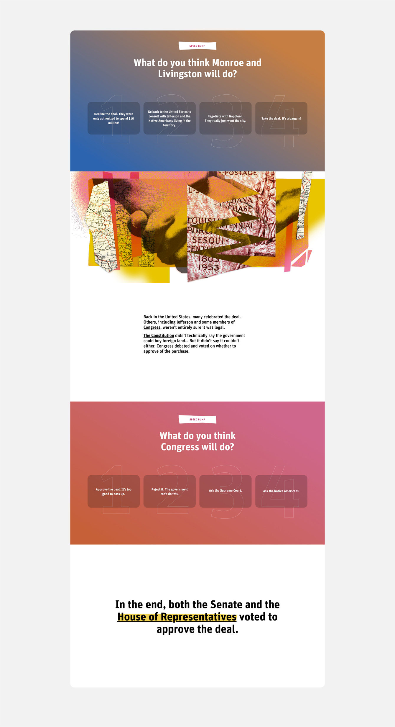 A webpage with a gradient background poses questions about decisions by Monroe, Livingston, and Congress. Contains abstract art and descriptive text about historical decision-making processes.