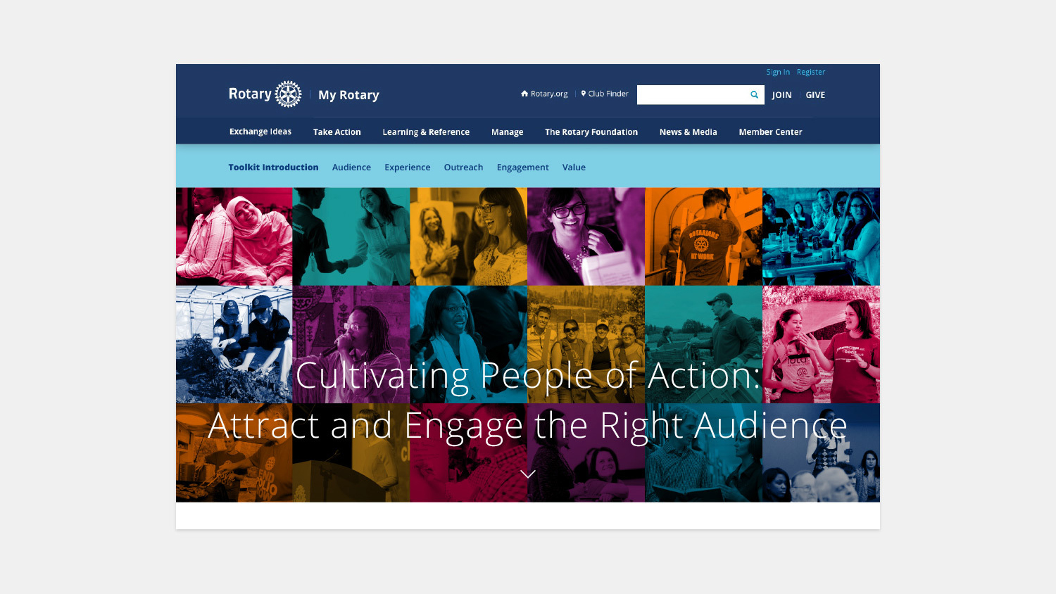 Colorful mosaic of diverse people engaged in various activities. Rotary branding at the top with the message: "Cultivating People of Action: Attract and Engage the Right Audience."