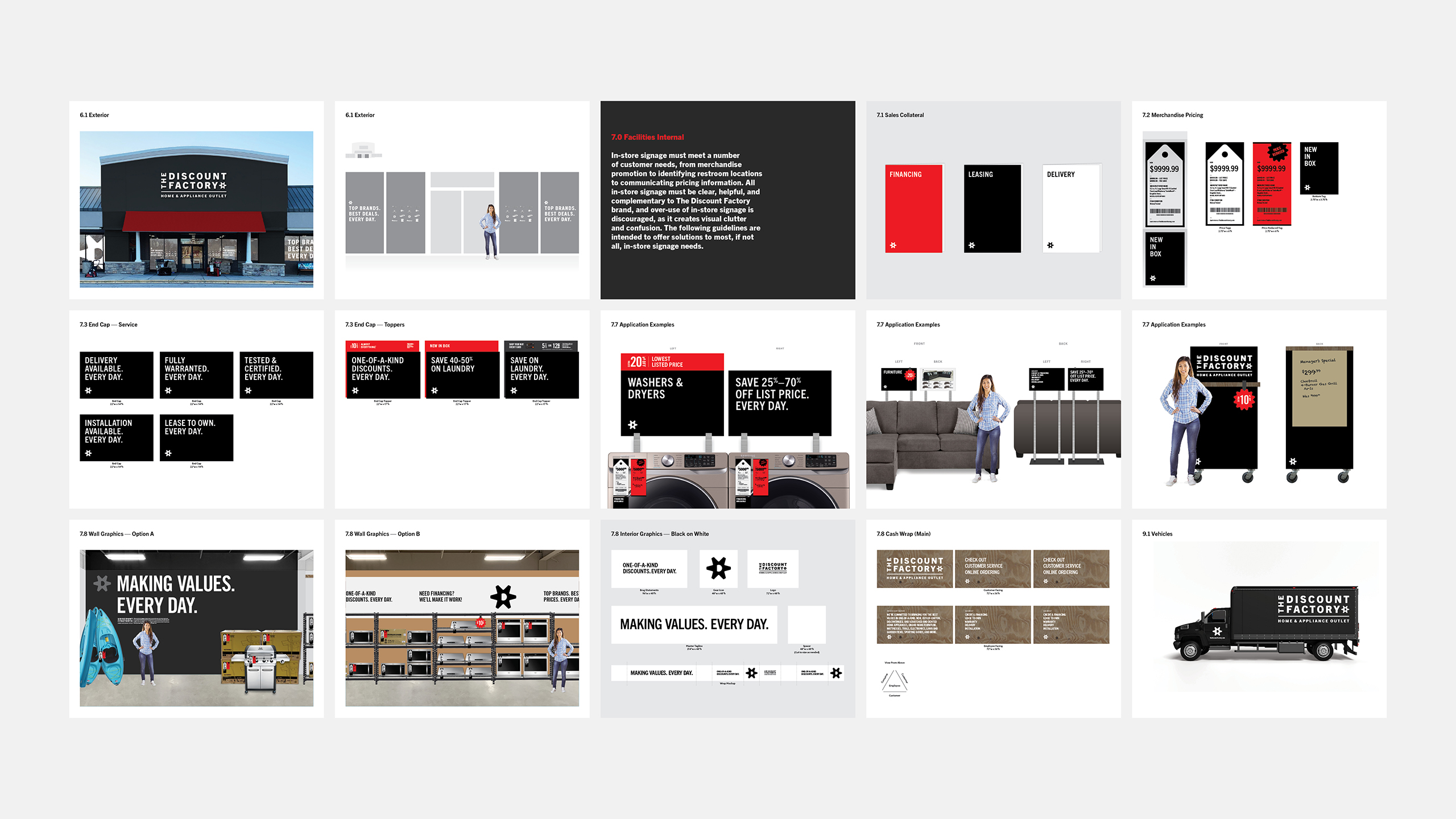 Grid of pages from the Brand Guidelines for "The Discount Factory," with images of a storefront, appliances, and branded design elements in red, black, and white.