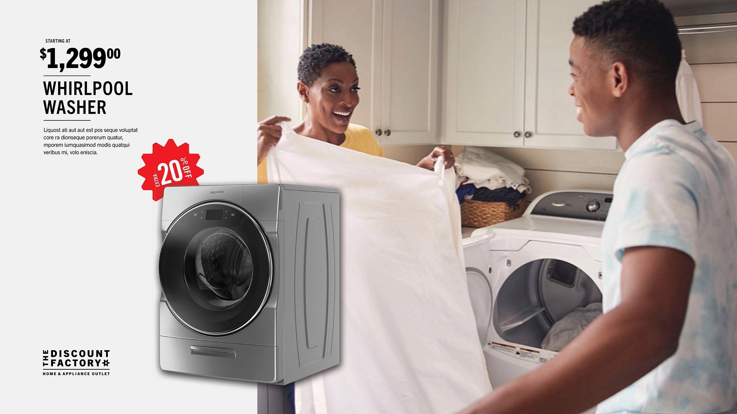 A layout example for The Discount Factory with the pricing, a lifestyle image, the discount bug, an appliance and The Discount Factory logo