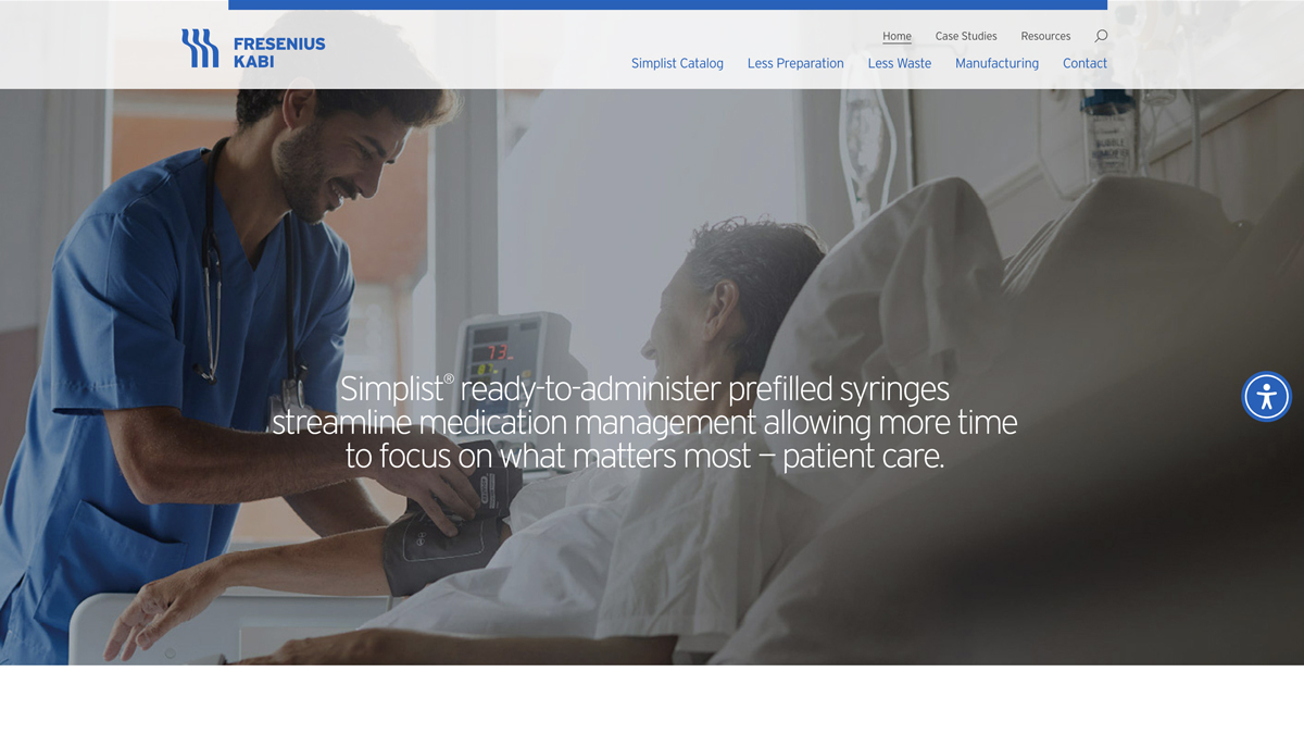 A nurse in a blue uniform checks a patient’s blood pressure in a hospital bed. Text overlays the image promoting Simplist prefilled syringes for efficient patient care.