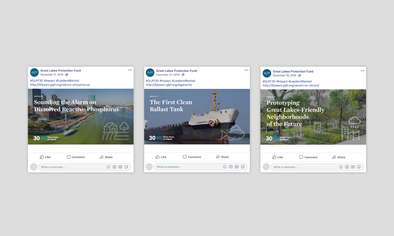 Three social media posts by Great Lakes Protection Fund. Each features a different environmental initiative with images of water, a ship, and greenery.