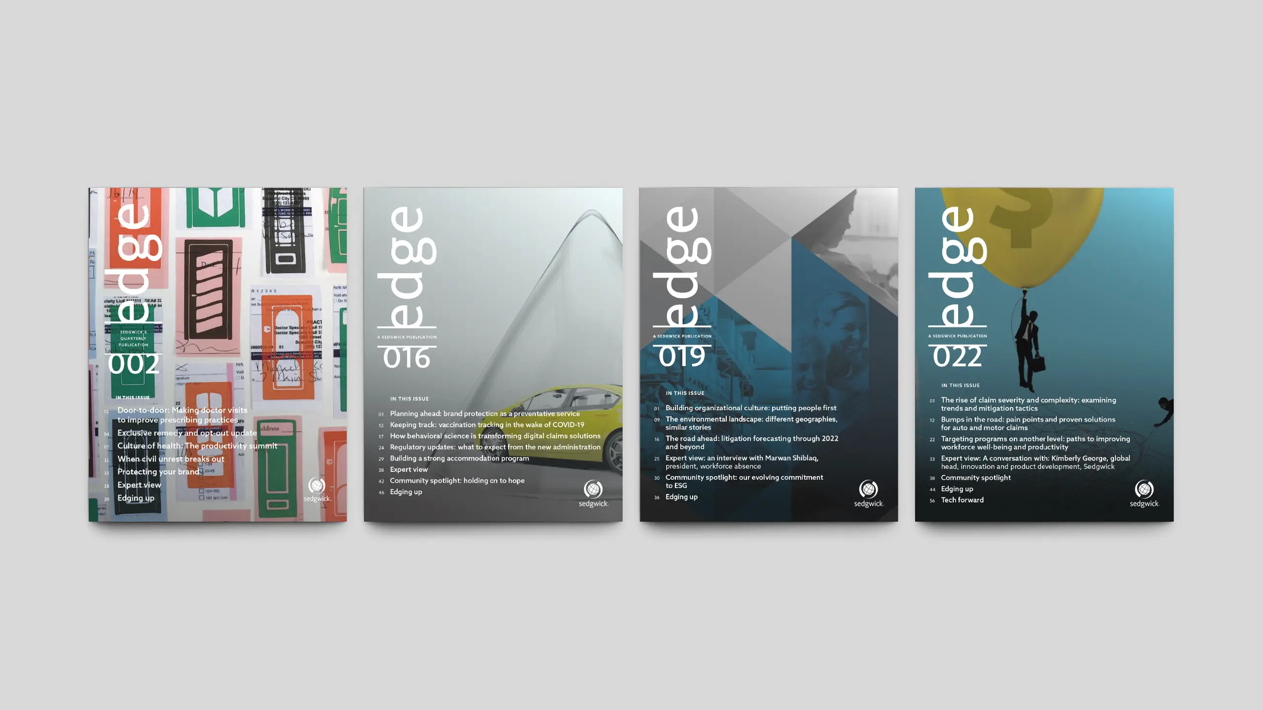 The image displays four magazine covers, all titled "Edge" with different cover designs and issue numbers (002, 016, 019, 022). Each cover has unique imagery and thematic text.