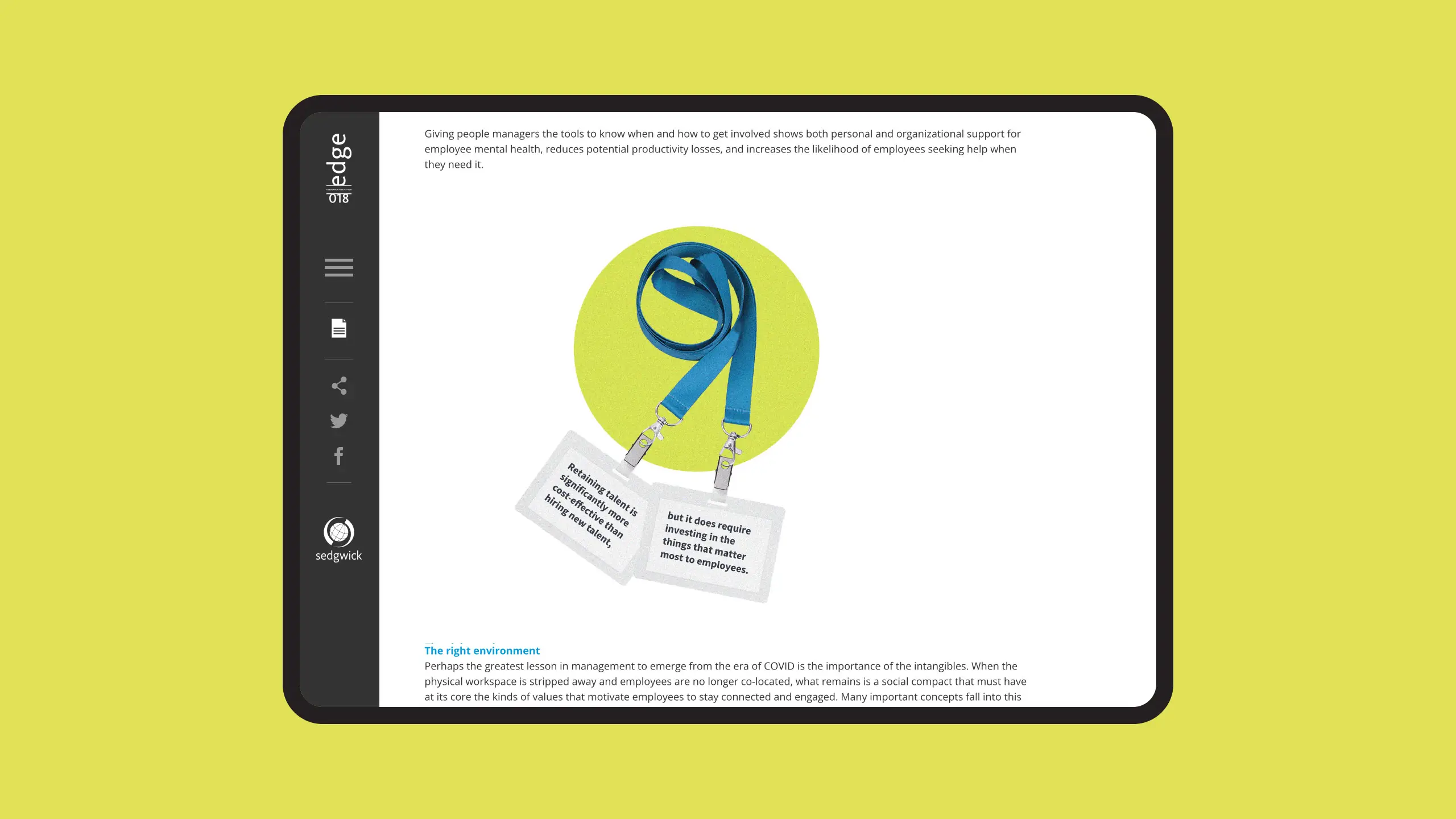 A tablet screen displays a webpage with an image of a blue lanyard and two ID cards against a yellow background.