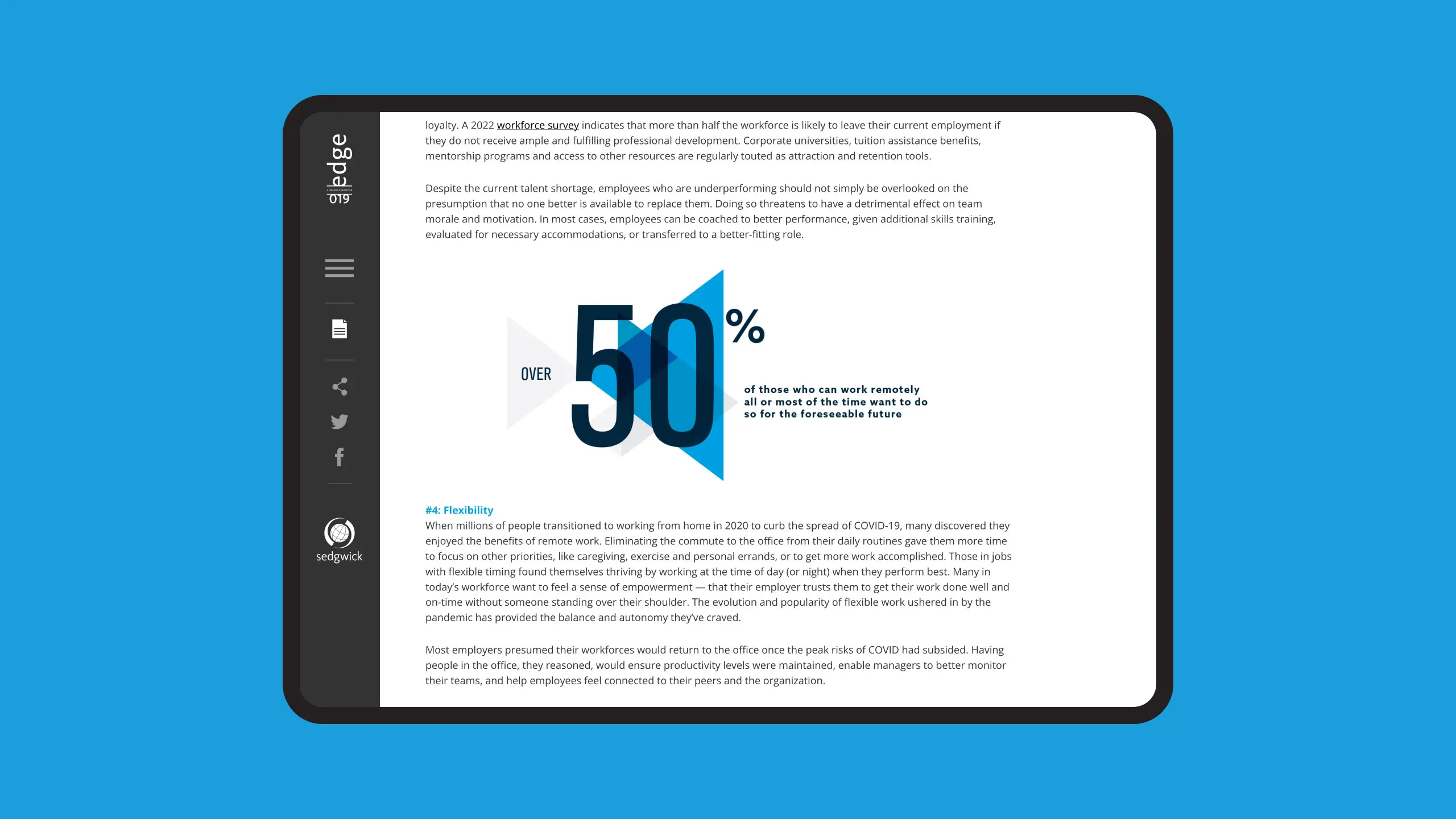Tablet displaying text with a graphic highlighting "Over 50%" in large blue numbers. Sidebar icons for navigation. Text discusses remote work trends.