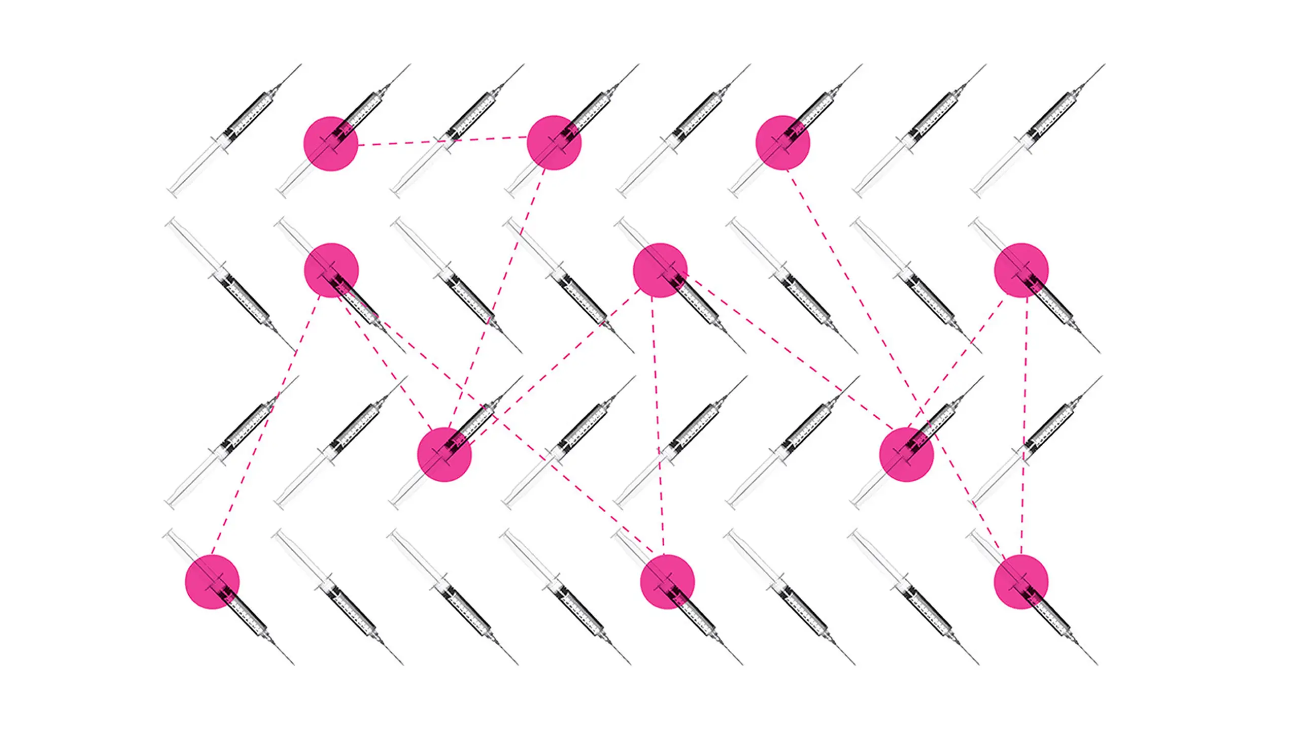 Stylized pattern of syringes arranged diagonally on a white background. Pink circles and dashed lines interconnect some syringes, creating a network.