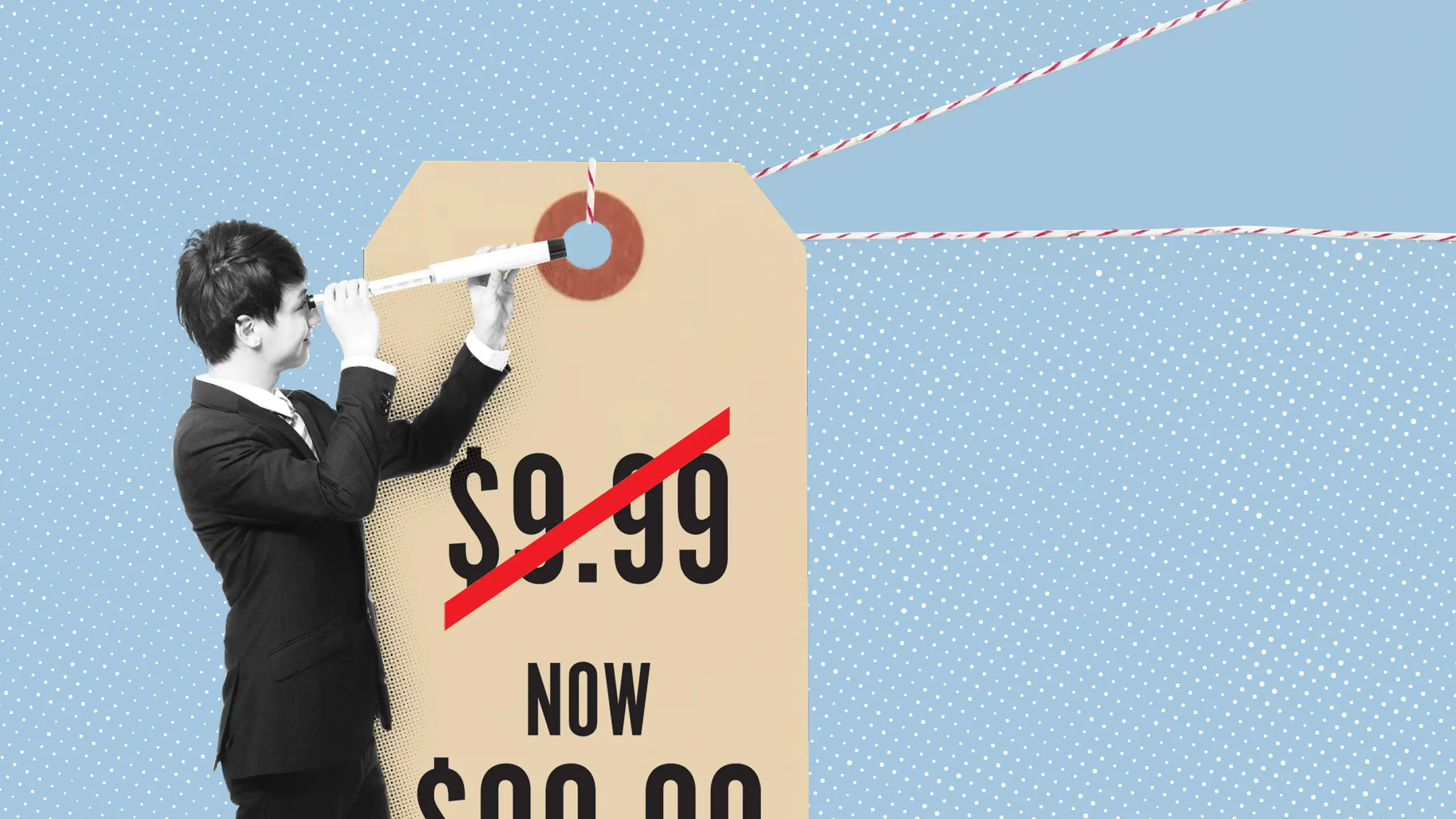 A person in a suit looks through a megaphone at a large price tag with a crossed-out "$9.99" and new price "$0.00." The background is blue with polka dots.