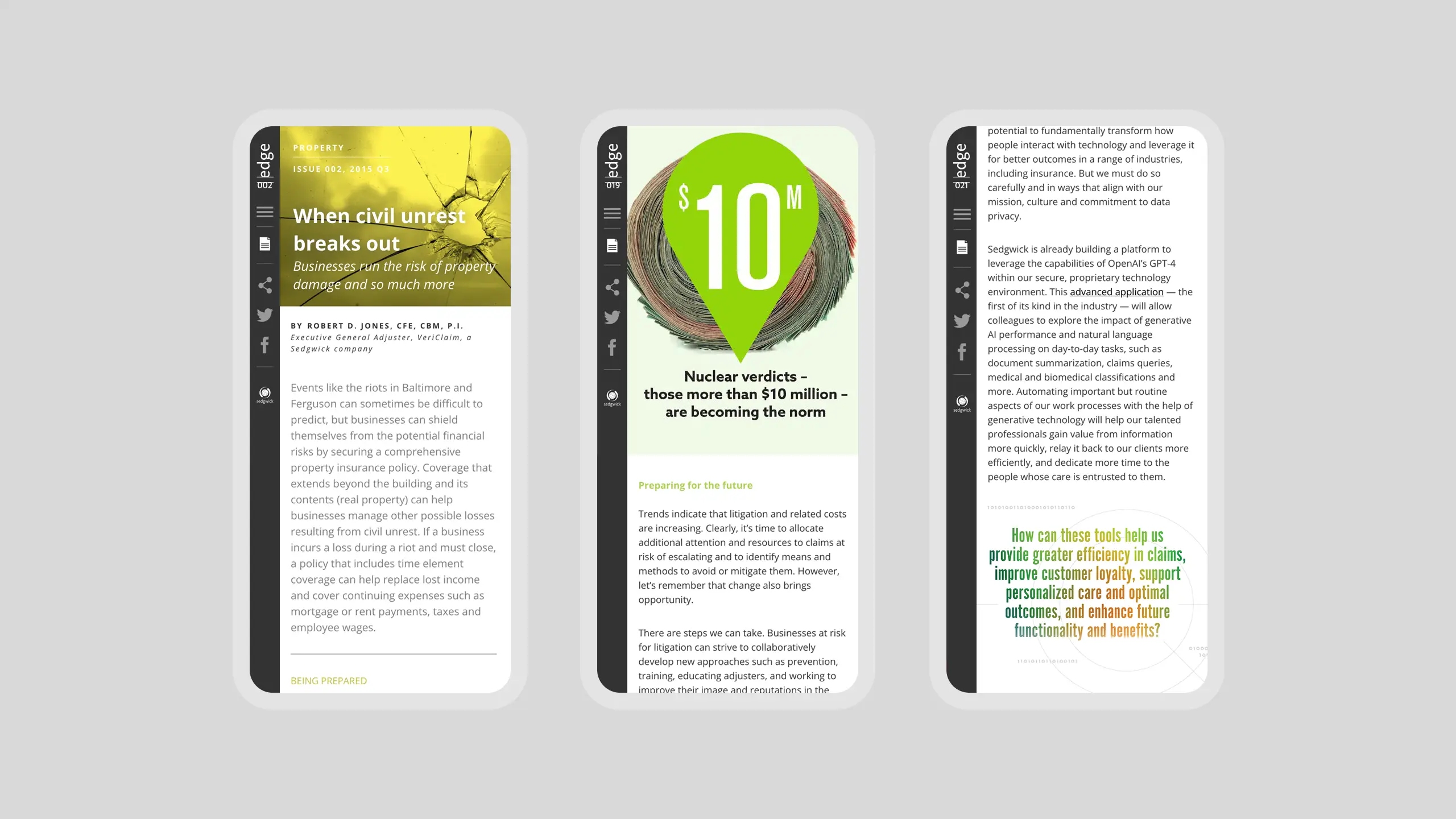 Three mobile screens display articles. The first discusses civil unrest, featuring a cracked glass background. The second highlights $10 million verdicts with a large green circle. The third focuses on business challenges and solutions in a text-heavy format.