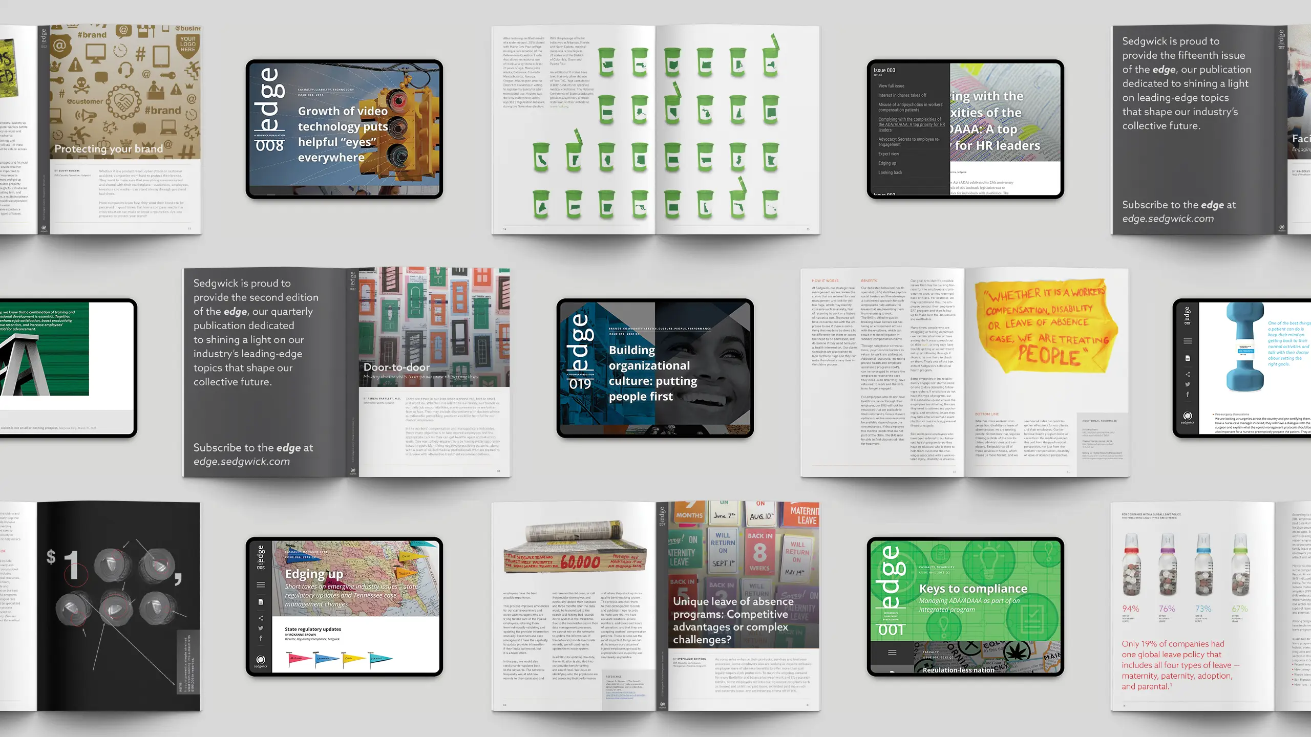 A collection of open magazine spreads and tablets displaying various articles and designs for Sedgwick Edge. Themes include technology, organizational culture, and innovation, with vibrant images and text.