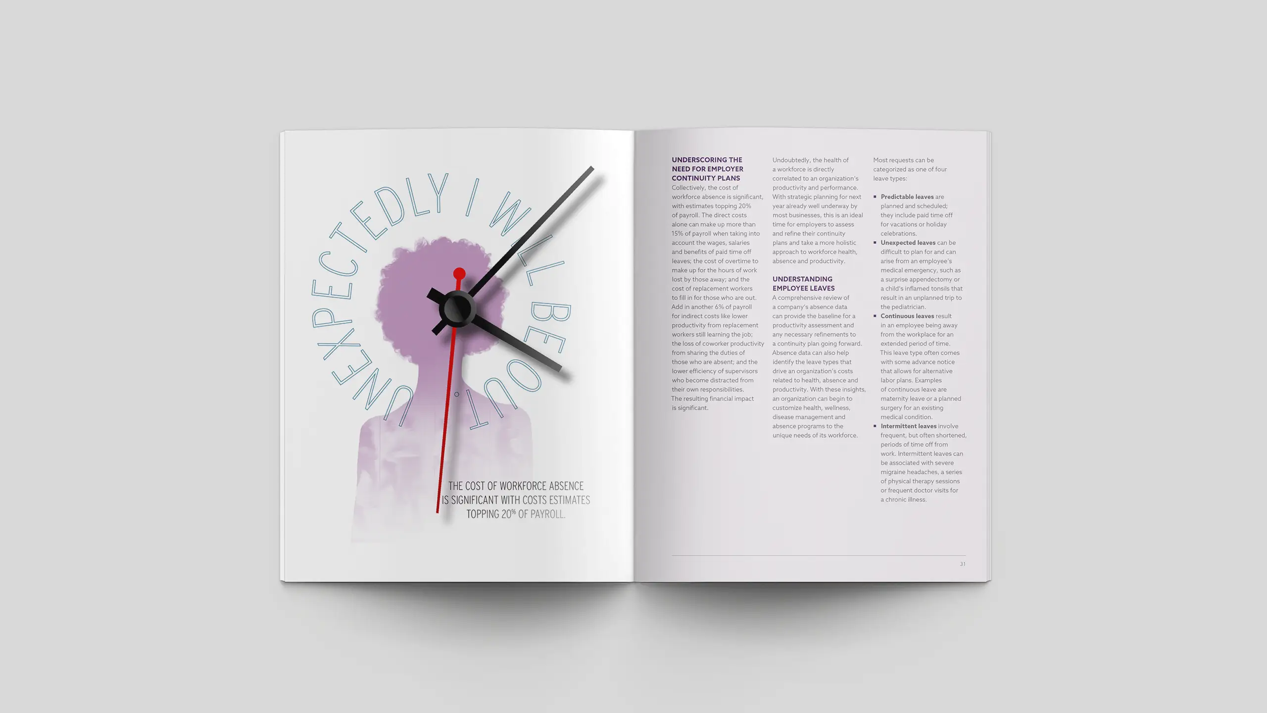 Open magazine showing a clock overlaying a silhouette of a person with text that reads "Unexpectedly, I Will Be Out." The right page has an article.