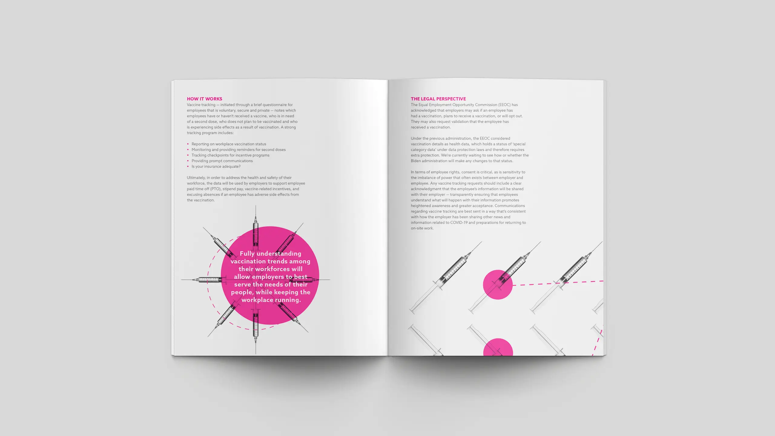 Open magazine showing pages with text and syringe graphics. Left page has a pink circle with a quote about vaccination trends. Right page features more syringes and text discussing a legal perspective.