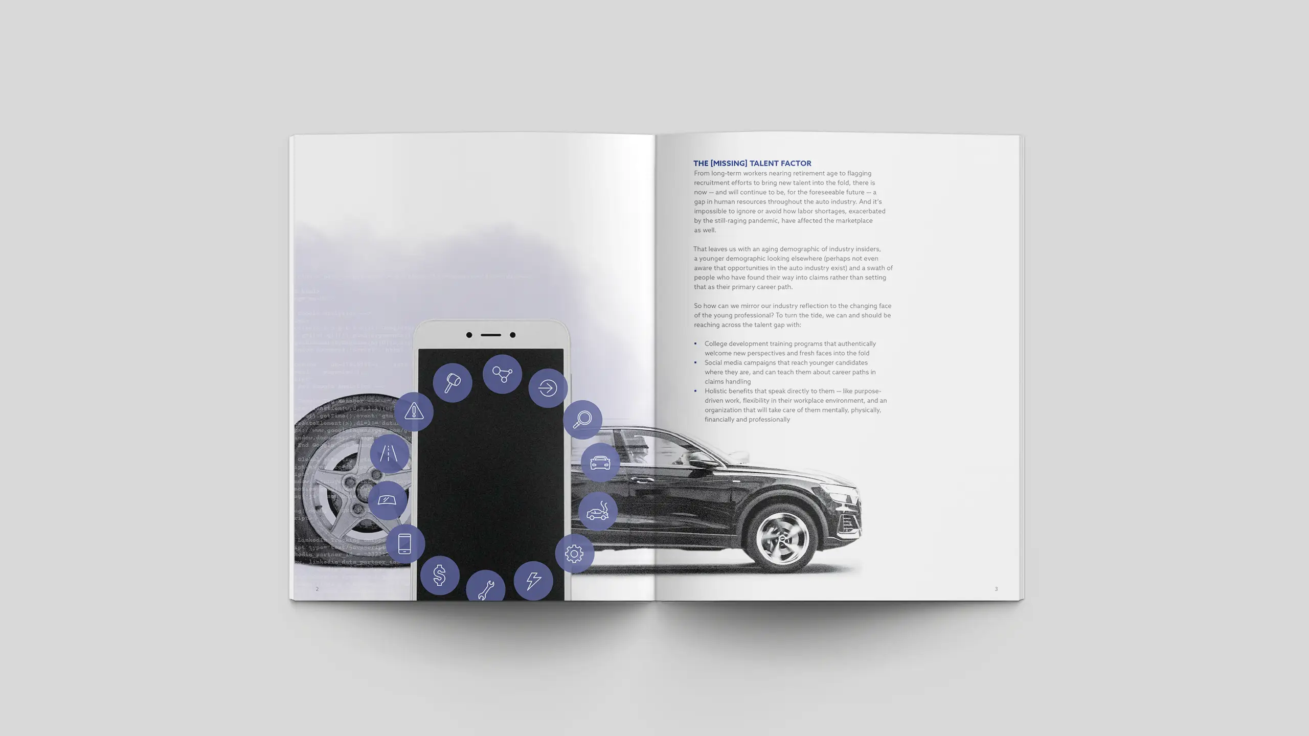 An open booklet displays a smartphone surrounded by blue app icons in front of a car image. Text is on the right page. The tone is modern and technological.