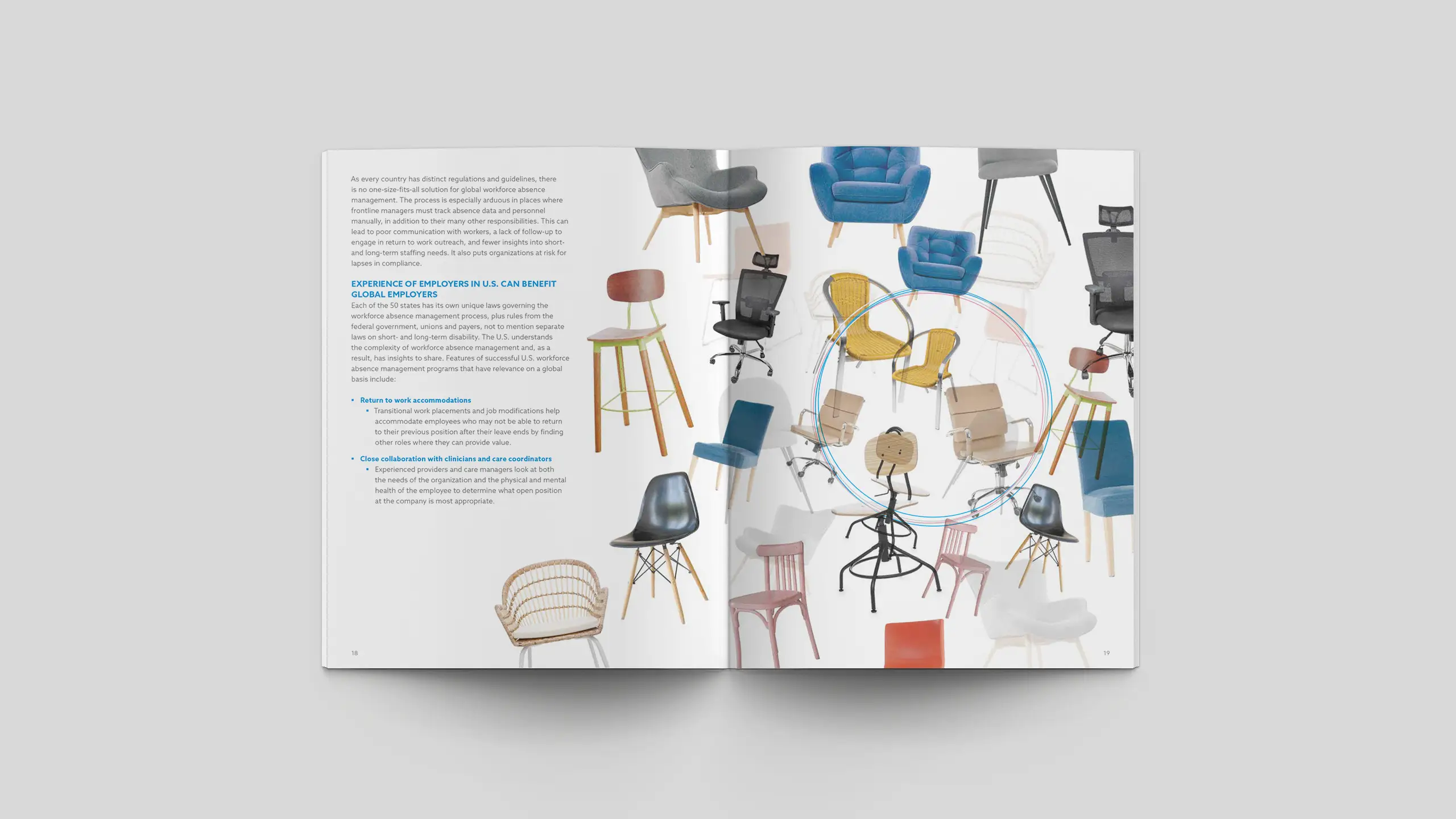 Open magazine displaying a variety of chairs in different styles and colors, including blue armchairs and wooden stools.