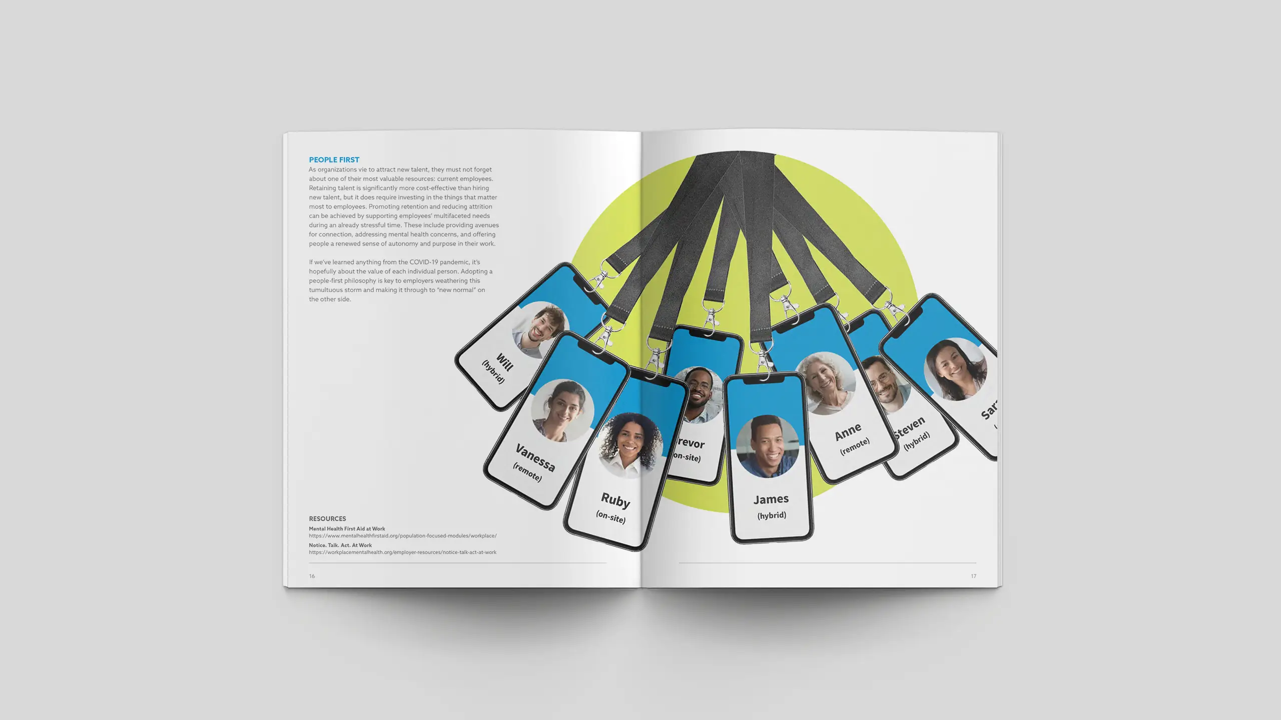 An open magazine displays a graphic of eight employee ID badges with photos, arranged in a circle. The badges have blue borders and black lanyards.