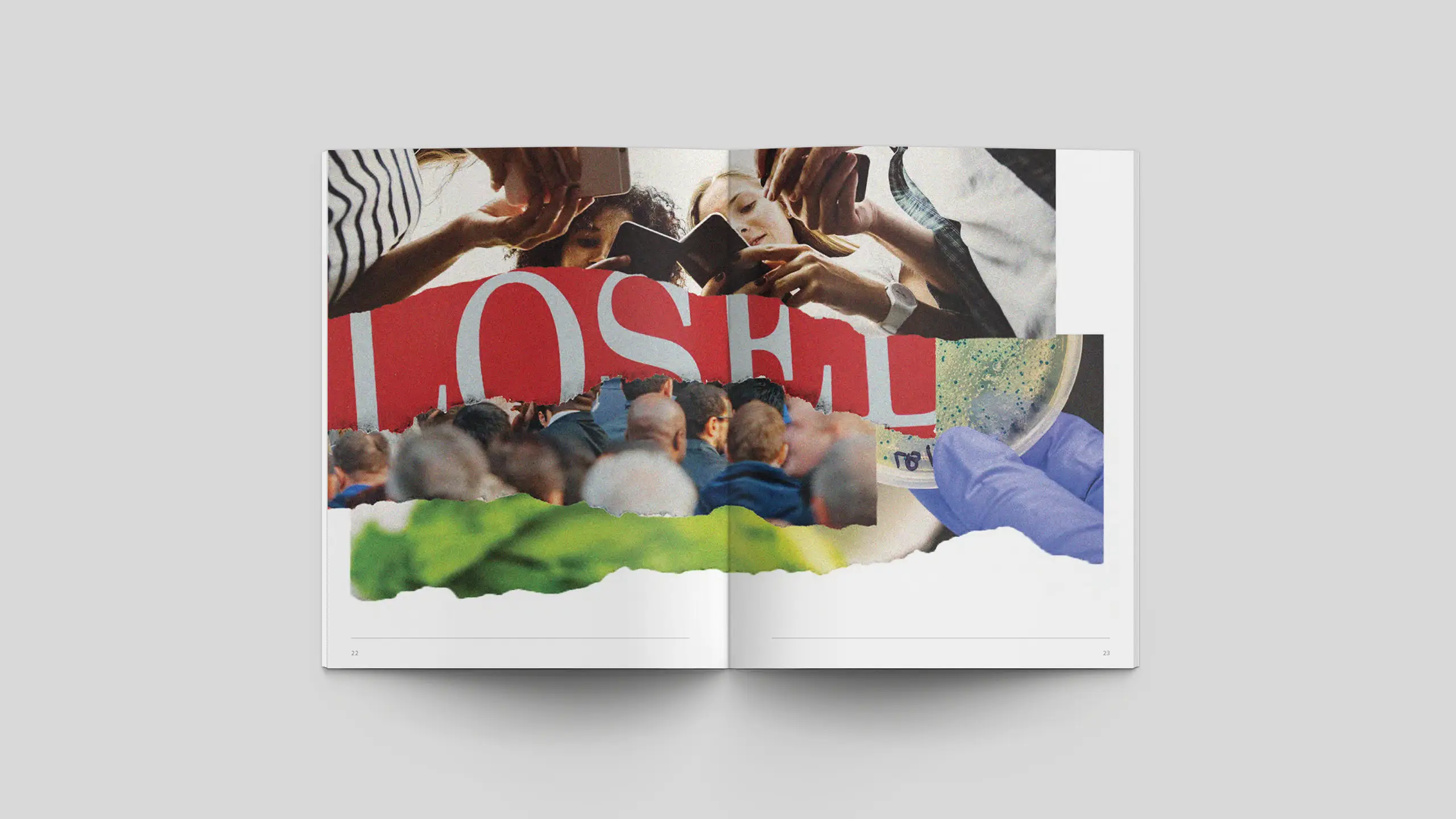 Collage features people holding phones, a red banner partially showing white letters, a crowd from behind, and a gloved hand with a petri dish, conveying chaos and scrutiny.