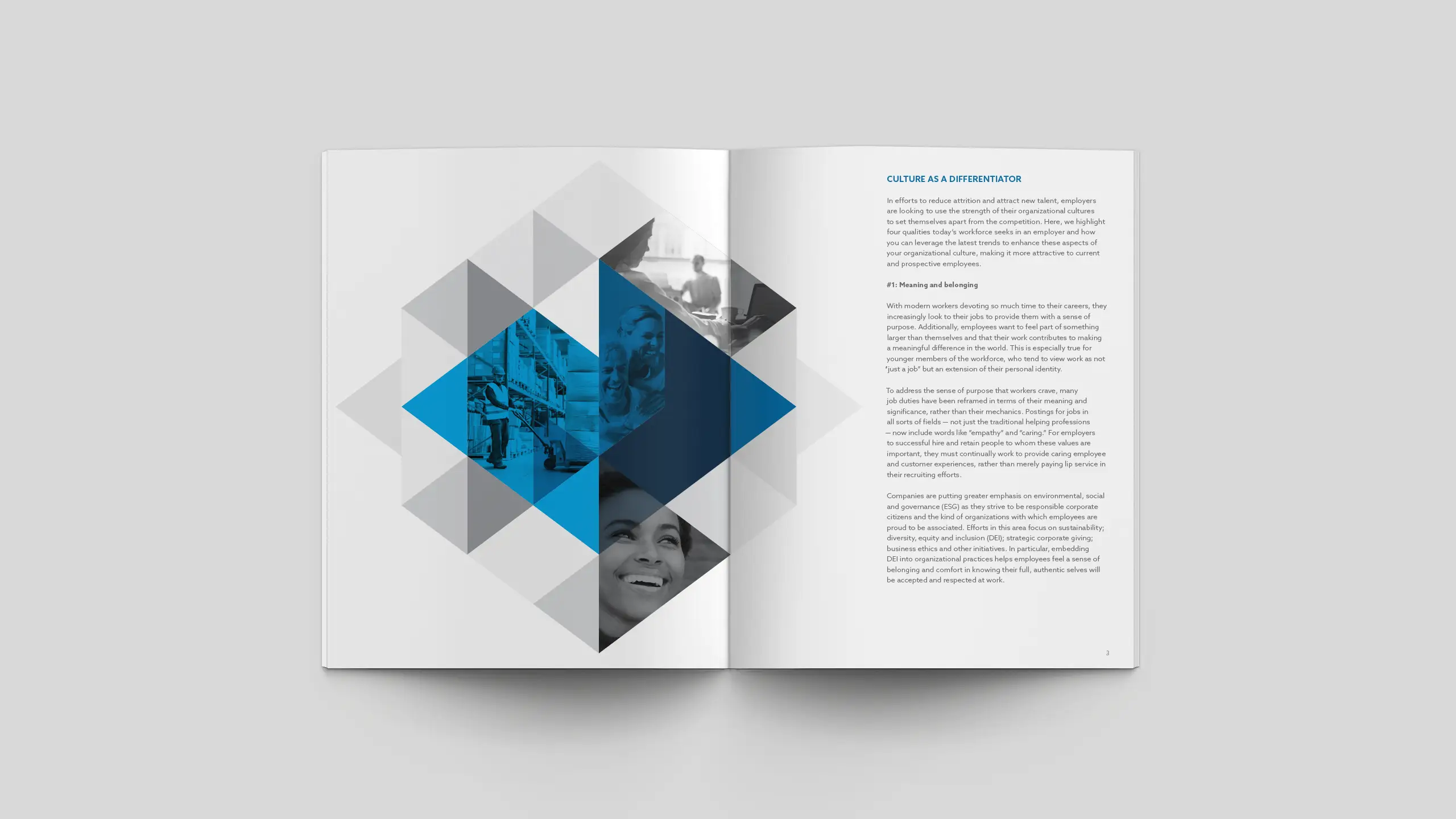 Open magazine spread with geometric design on the left page, featuring varied triangular photos in blue and gray tones. Right page has text titled "Culture as a Differentiator."