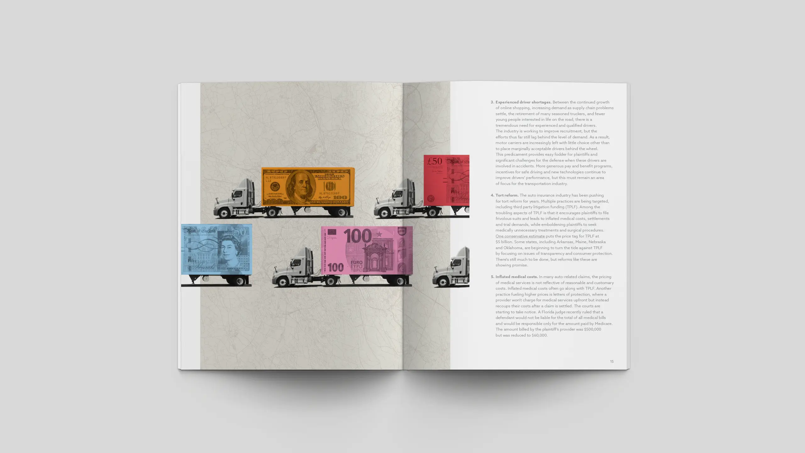 An open magazine shows black and white trucks carrying large colored banknotes on the left page. The right page contains text. The tone is artistic and informative.