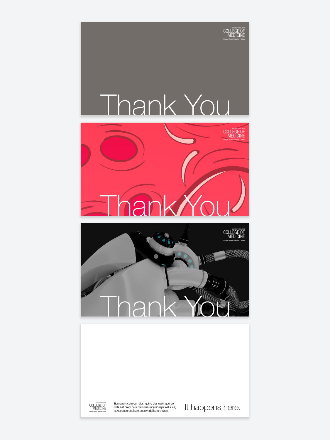 Three "Thank You" cards from a College of Medicine, each with a unique design: gray, red with abstract shapes, and robotic-themed. The phrase "It happens here" is on a blank card.
