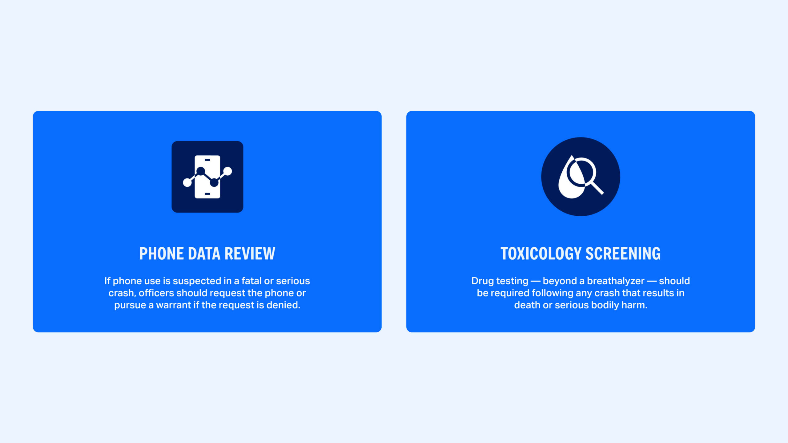 Two graphics referring to phone data review and toxicology screening.