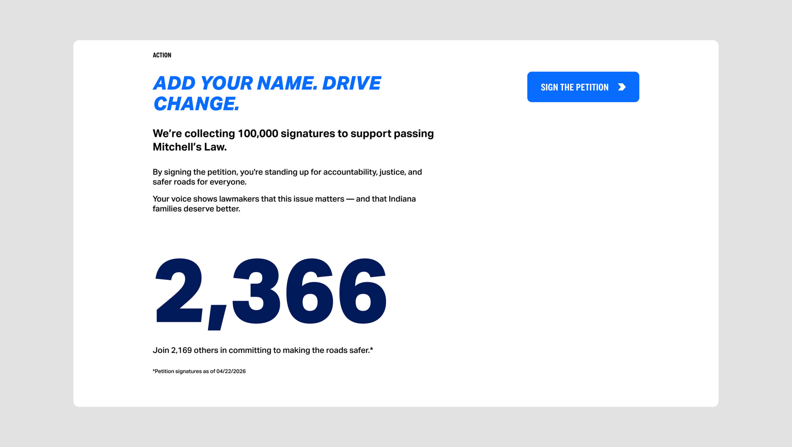 A section of the Mitchell Sterling Foundation website showing how many signatures have been gathered in support of passing Mitchell's Law.