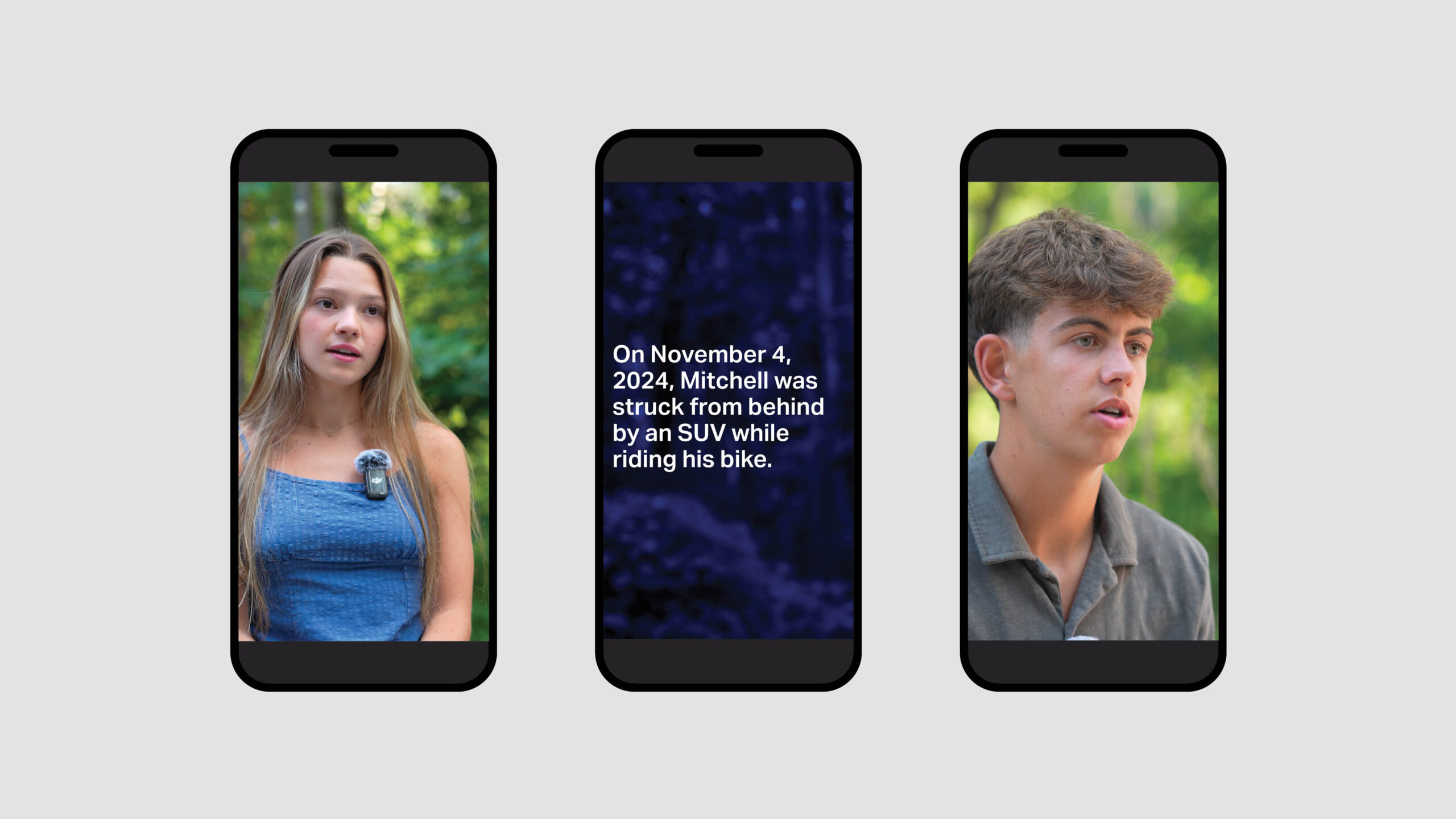 Three phones with video stills from interviews with Mitchell Sterling's friends discussing his death and advocacy against distracted driving.